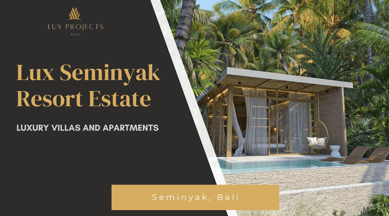 A luxury resort villa with an outdoor pool, surrounded by lush tropical trees and plants, at Lux Projects Bali.