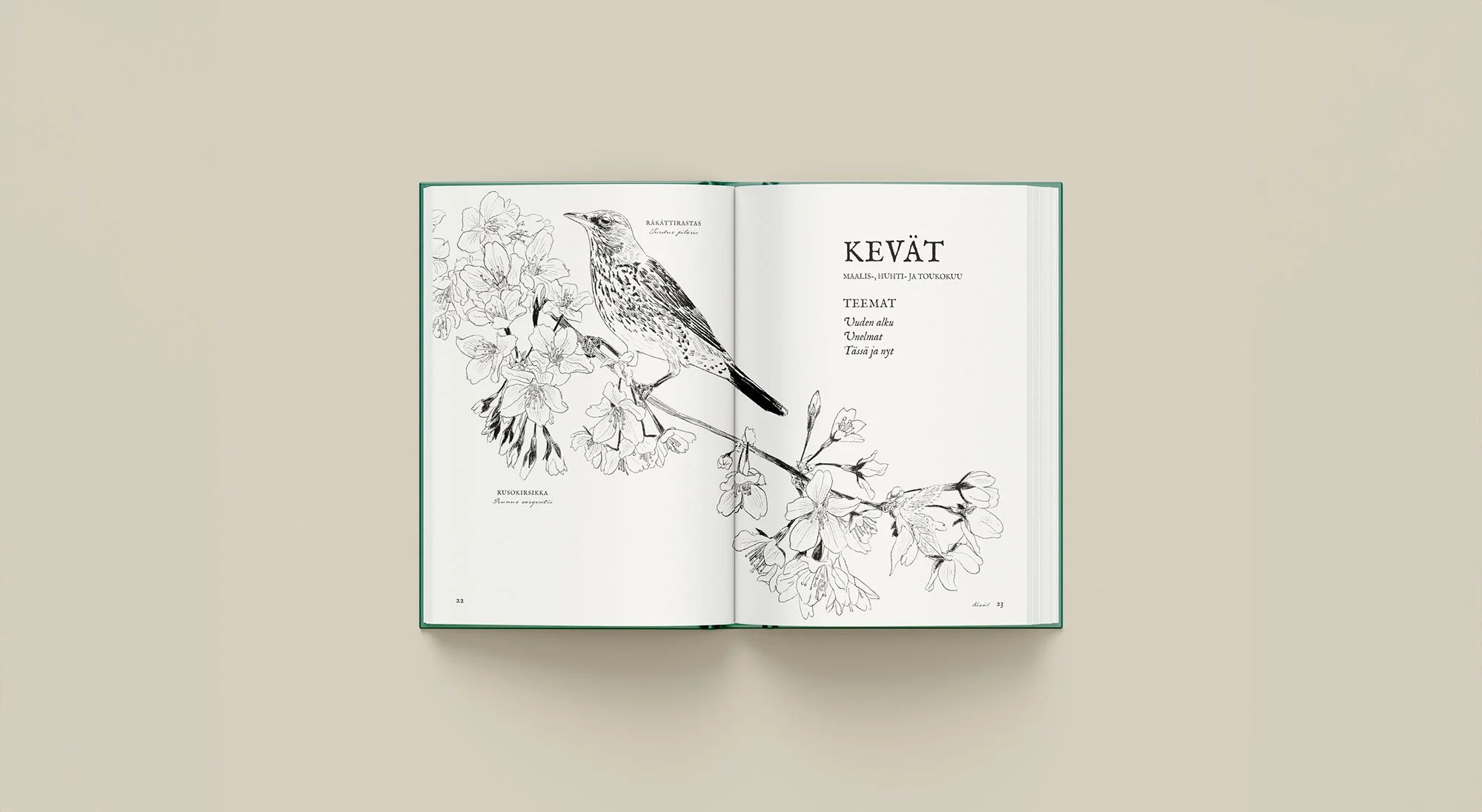 Avoin kirja, jossa on piirros linnusta kirsikankukkien oksalla, ja tekstiä "KEVÄT, maalis-, huhti- ja toukokuu, TEEMAT, Uuden alku, Unelmat, Tässä ja nyt".