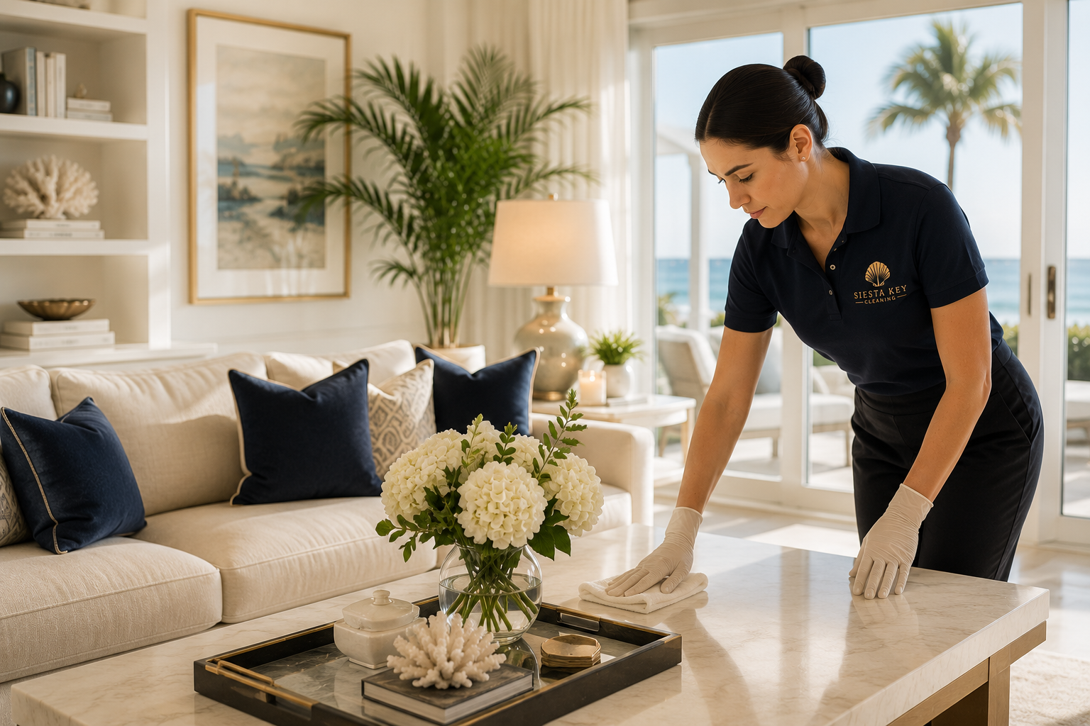 A woman wearing a Siesta Key Cleaning uniform and gloves is cleaning a coffee table with a cloth in a bright, coastal-style living room with ocean views.