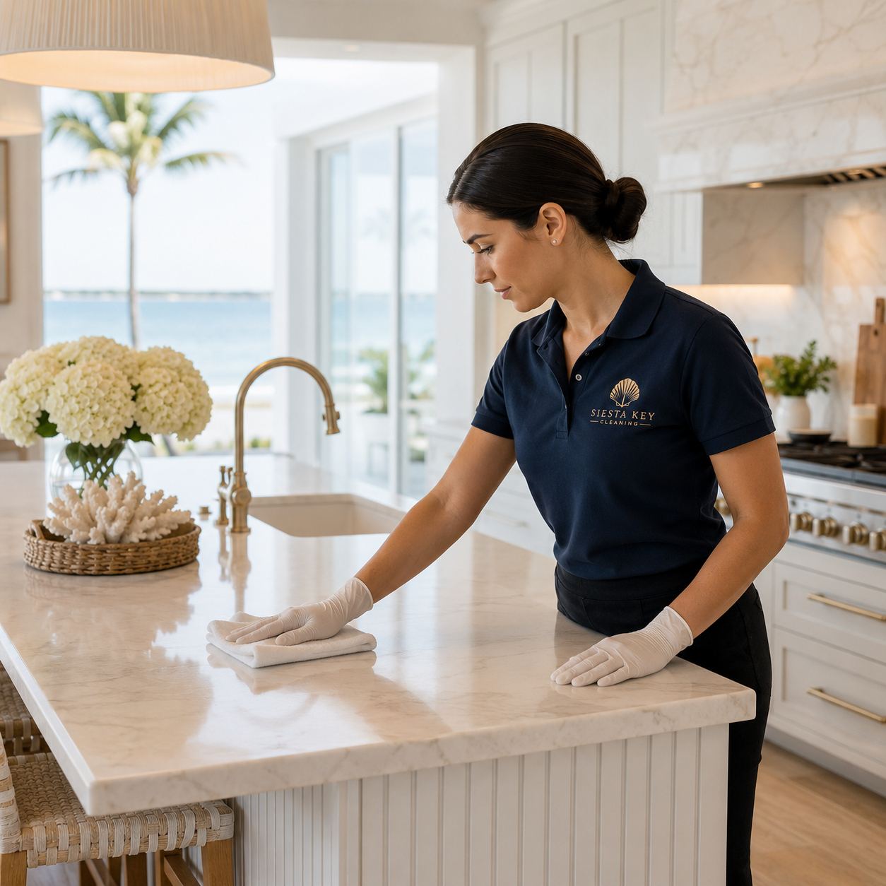 A woman dressed in a navy blue shirt with 'Siesta Key Cleaning' logo, wearing gloves, is cleaning a kitchen counter with a cloth. The kitchen has a large window with a view of palm trees and water in the background, and is decorated with white flowers and coral in a basket.