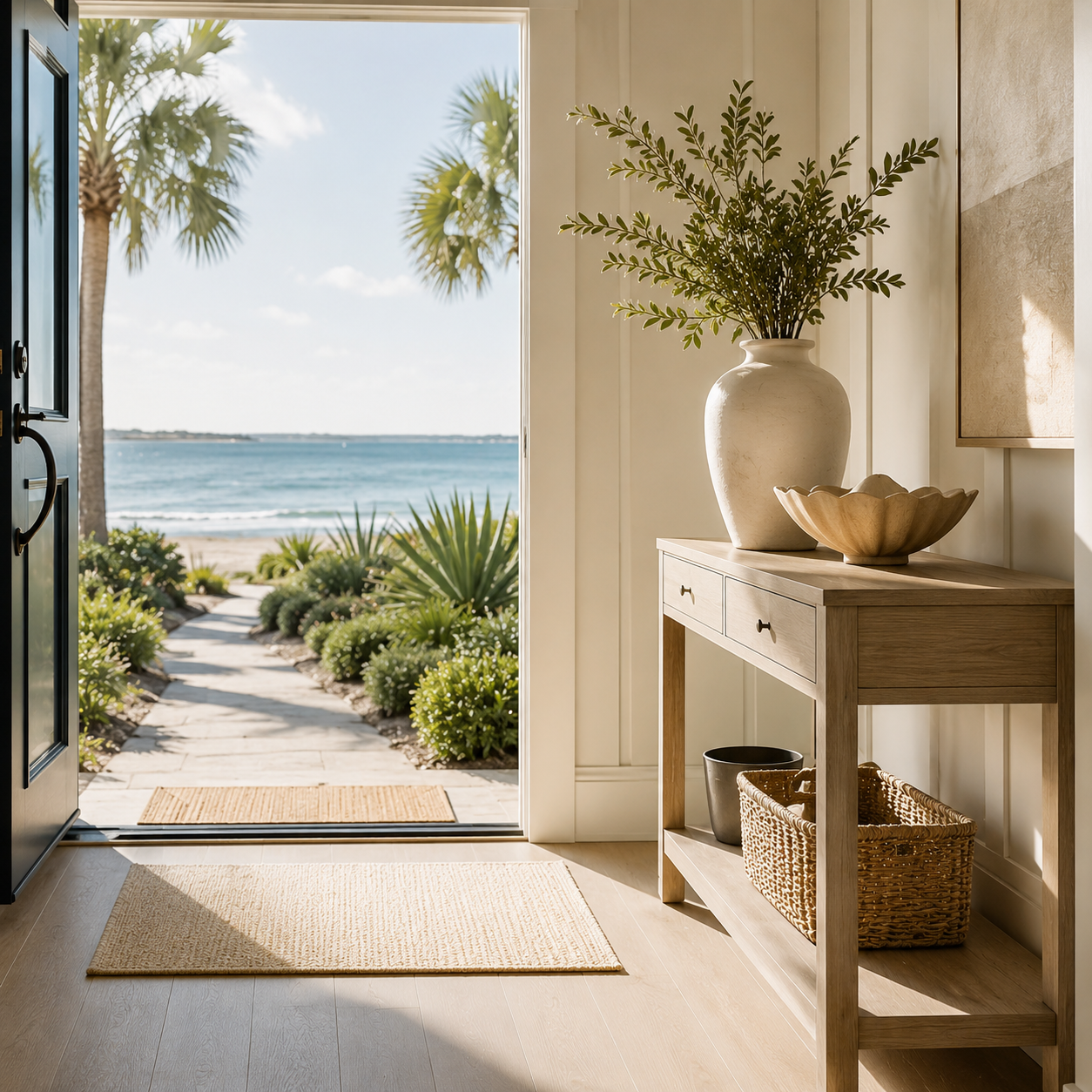 Interior view of a home featuring a wooden console table with a large ceramic vase and decorative bowl, leading to a beachside garden with a pathway and palm trees, overlooking the ocean.