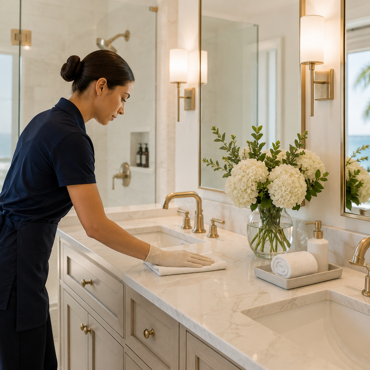 A woman cleaning a bathroom bathroom countertop with a cloth, wearing gloves, with a large vase of white flowers, soap dispenser, and rolled towel nearby.