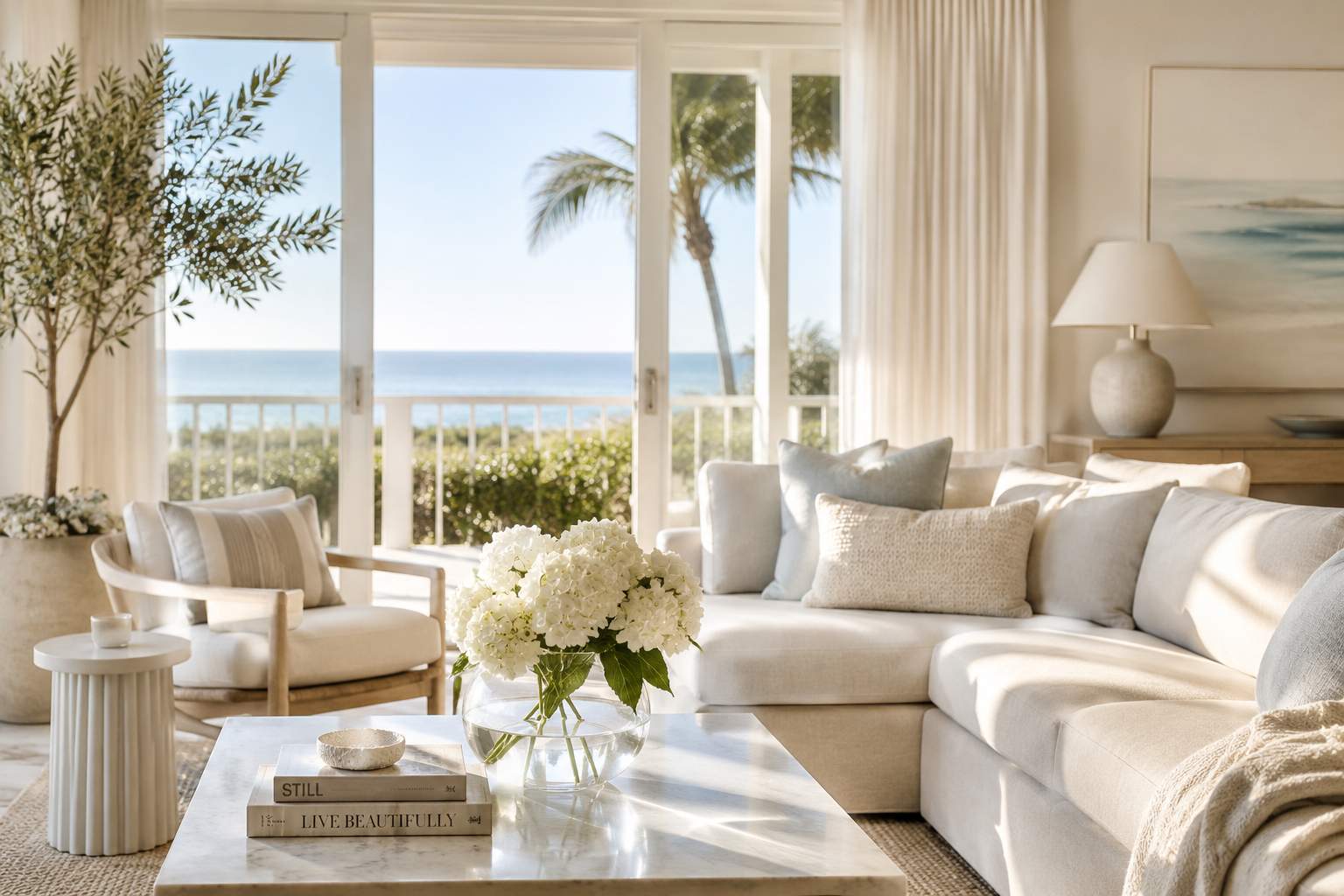Luxury coastal Sarasota home interior designed to reflect the peaceful and refined residential cleaning experience offered by Siesta Key Cleaning.