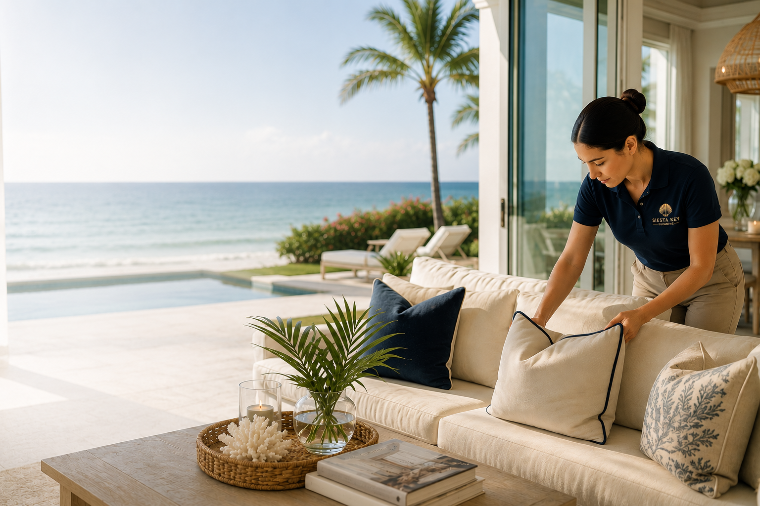 A woman in a navy blue polo shirt with a Seychelles Key logo is arranging beige cushions on a cream-colored sofa in a living room with large glass sliding doors showing an ocean view with palm trees and lounge chairs outside.