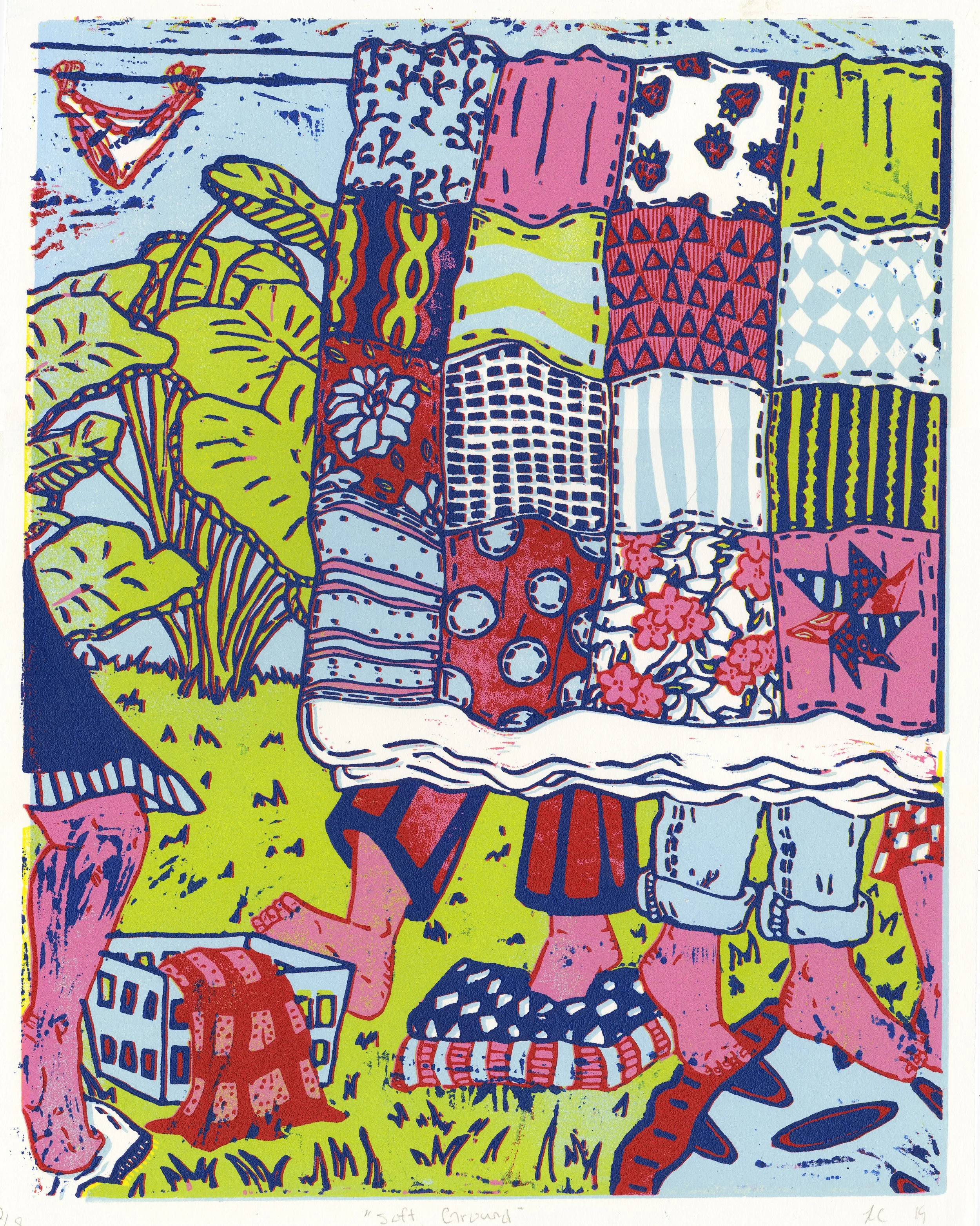 Soft Ground
14 ½’’ x 18 ½”
5 color linoleum block print. Hand printed with oil based ink on Rives paper