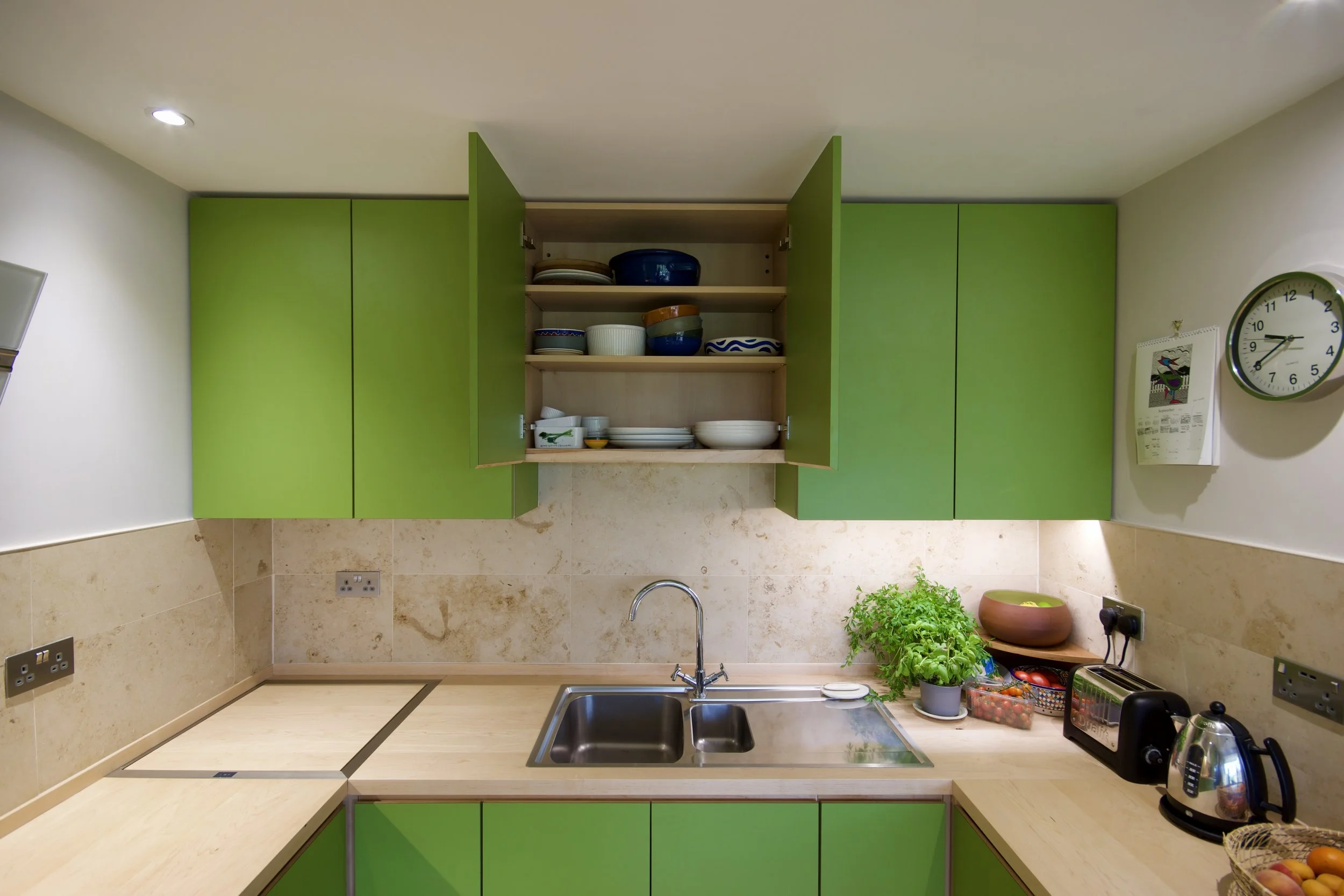 Green slab door kitchen cabinets