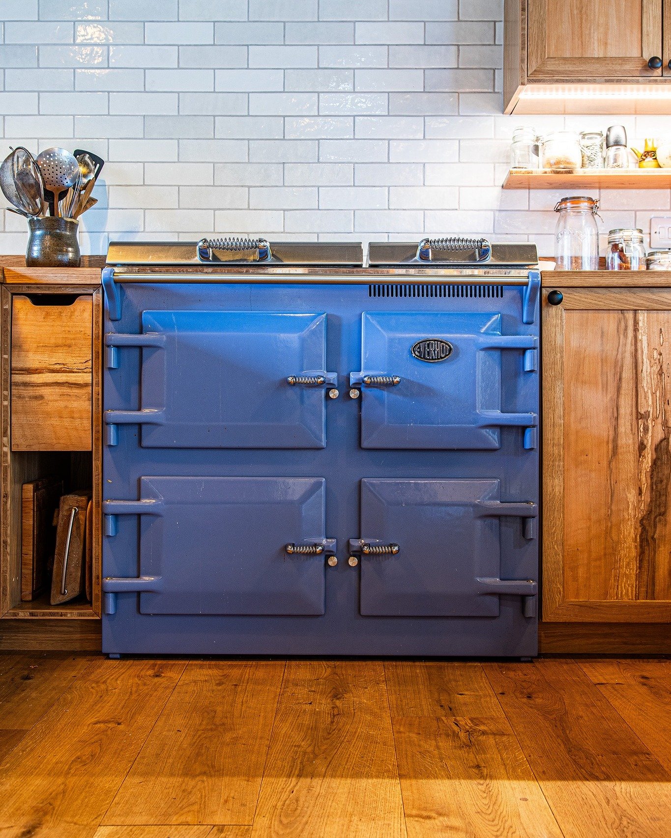 This cooker is a beautiful thing, but required some work to incorporate it into the kitchen. 

The old Aga cooker that was in a similar position was what caused the fire that destroyed the original kitchen. This new electric Everhot cooker is a littl