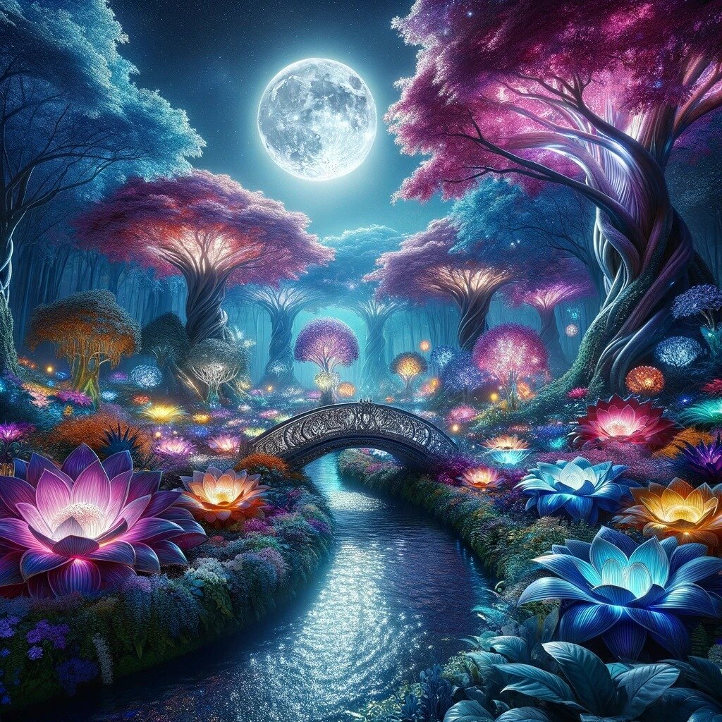 Enchanted Evening Eden

&quot;Enchanted Evening Eden&quot; is a secret garden that comes alive in the serene light of the moon. Oversized flowers in a kaleidoscope of colors bloom under its silvery caress, creating an ethereal landscape. The heart of