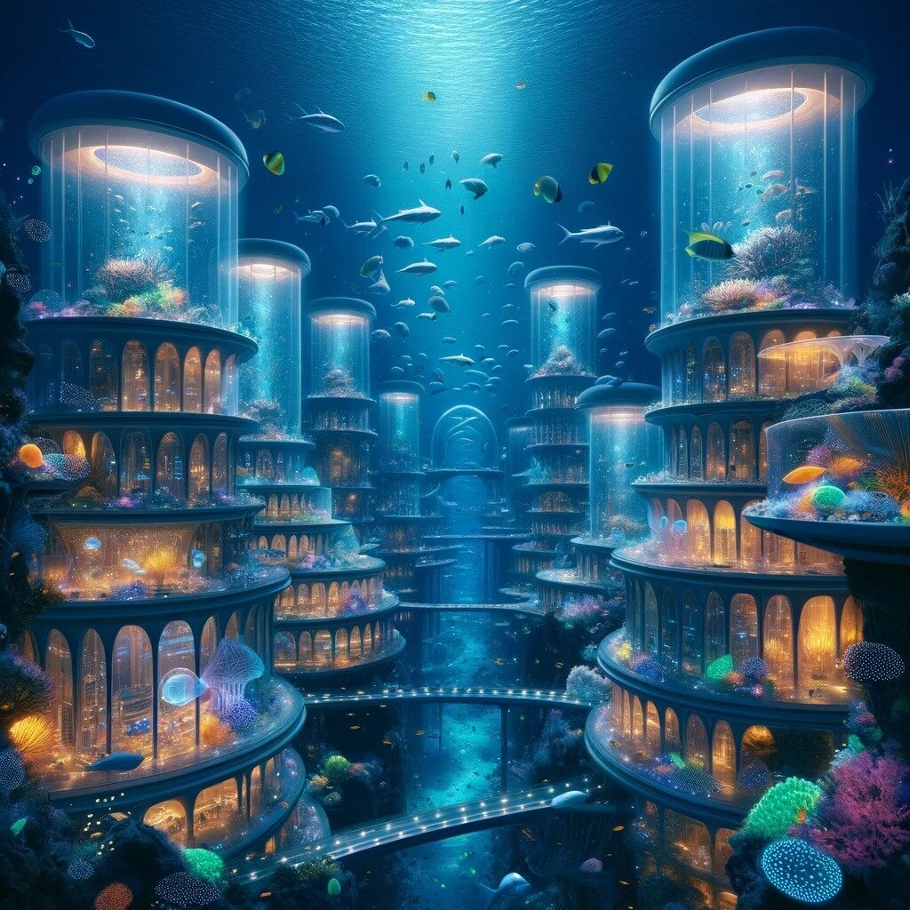 Aqua Utopia

 &quot;Aqua Utopia&quot; emerges as a dreamlike sanctuary in the heart of the ocean. In this underwater city, elegance and nature blend seamlessly. The transparent buildings allow for a breathtaking panorama of the sea's bounty, with mar