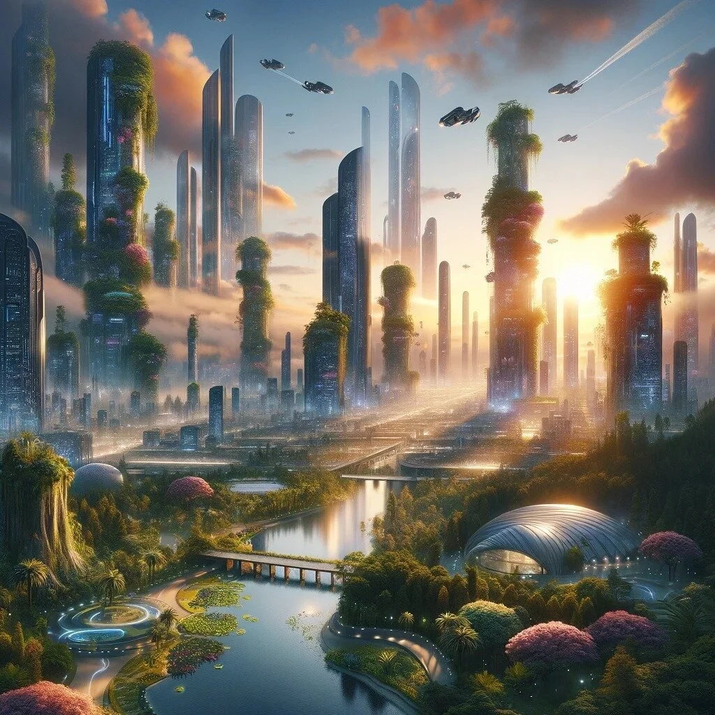 Aurora's Metropolis

"Aurora's Metropolis" greets the dawn with a symphony of light and life. The cityscape, a testament to human innovation, features towering structures with modern designs, integrated with lush, hanging gardens that breat