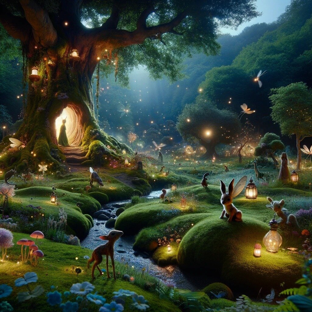 Enchanted Twilight Grove

Nestled in the heart of a mystical forest, the &quot;Enchanted Twilight Grove&quot; comes to life as night falls. The clearing, bathed in the soft glow of fireflies and enchanting lanterns, is a realm of peace and wonder. Fa