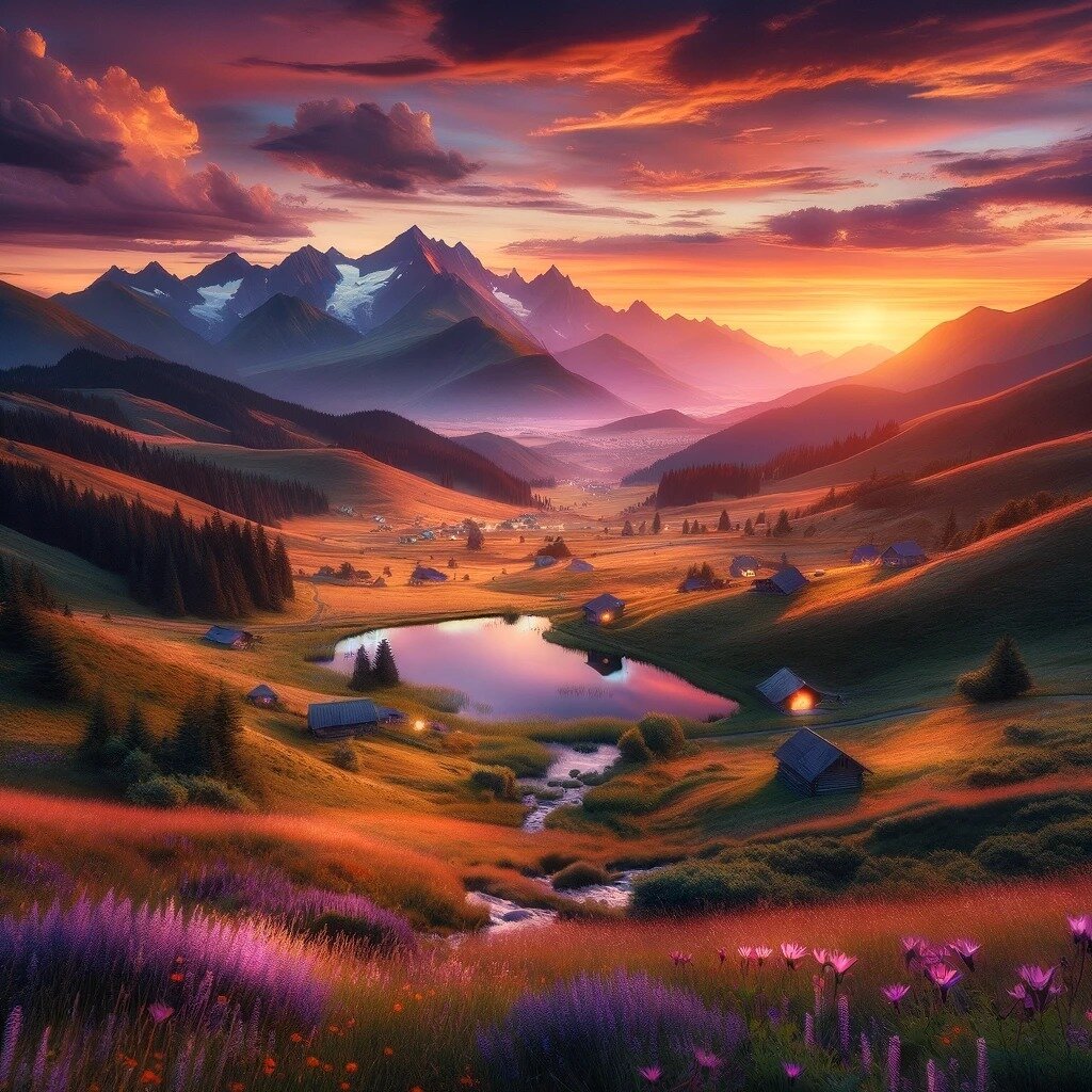 Sunset Serenity Peaks

 As the day draws to a close, &quot;Sunset Serenity Peaks&quot; reveals its majestic beauty. The rolling hills and distant mountain peaks are bathed in the vibrant hues of the setting sun, with oranges, pinks, and purples paint