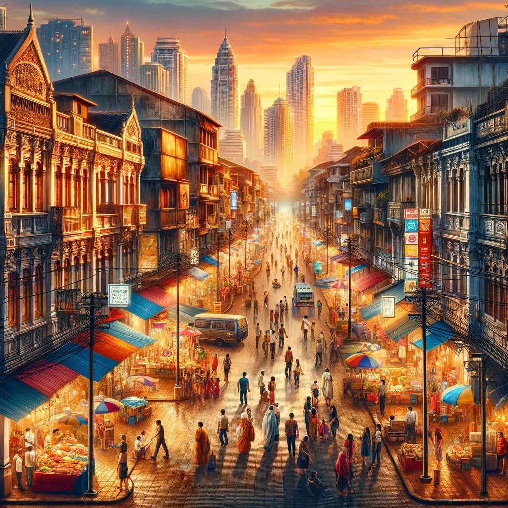 Twilight Urban Tapestry

&quot;Twilight Urban Tapestry&quot; captures the essence of city life as evening approaches. The setting sun casts a soft golden glow over the urban landscape, inviting a sense of warmth and camaraderie. The streets buzz with