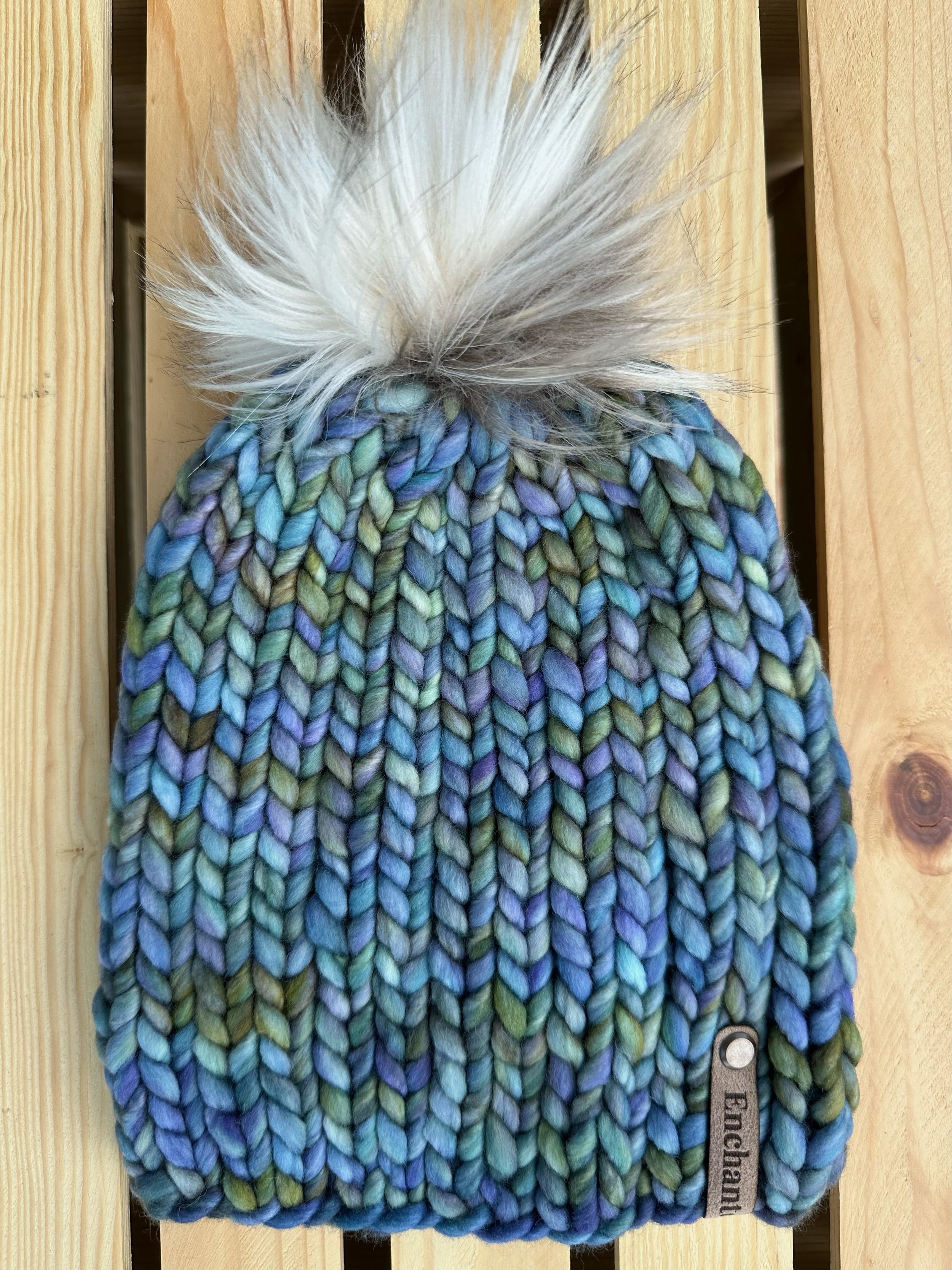 Light Blue & Green Multicolor Merino Wool Beanie with Faux Fur Pom