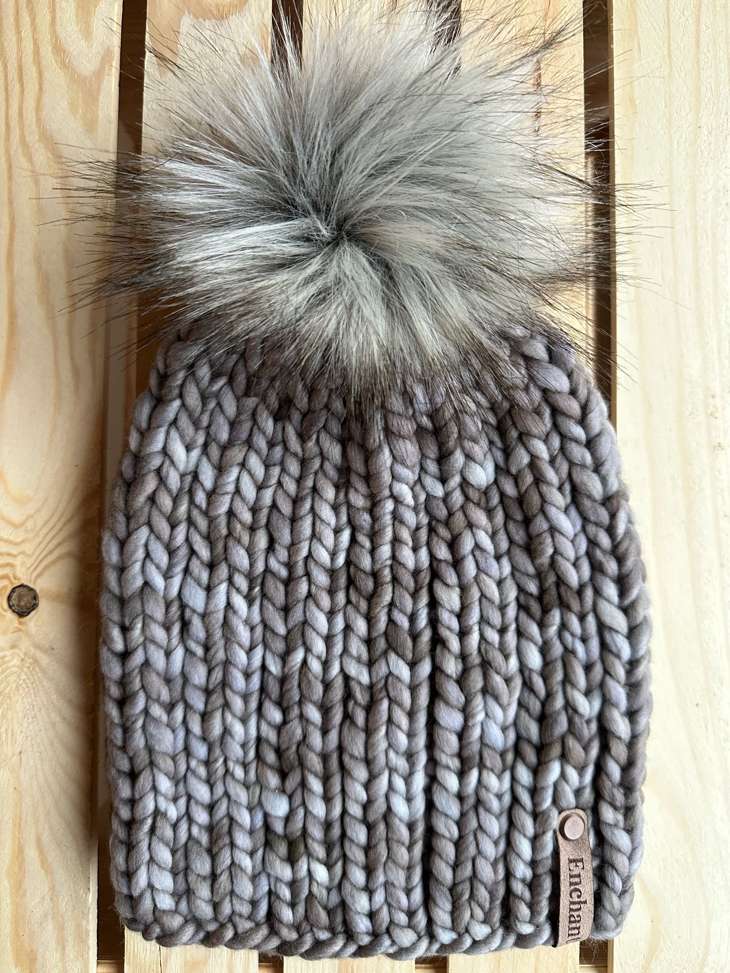 Taupe Grey Merino Wool Beanie with Faux Fur Pom