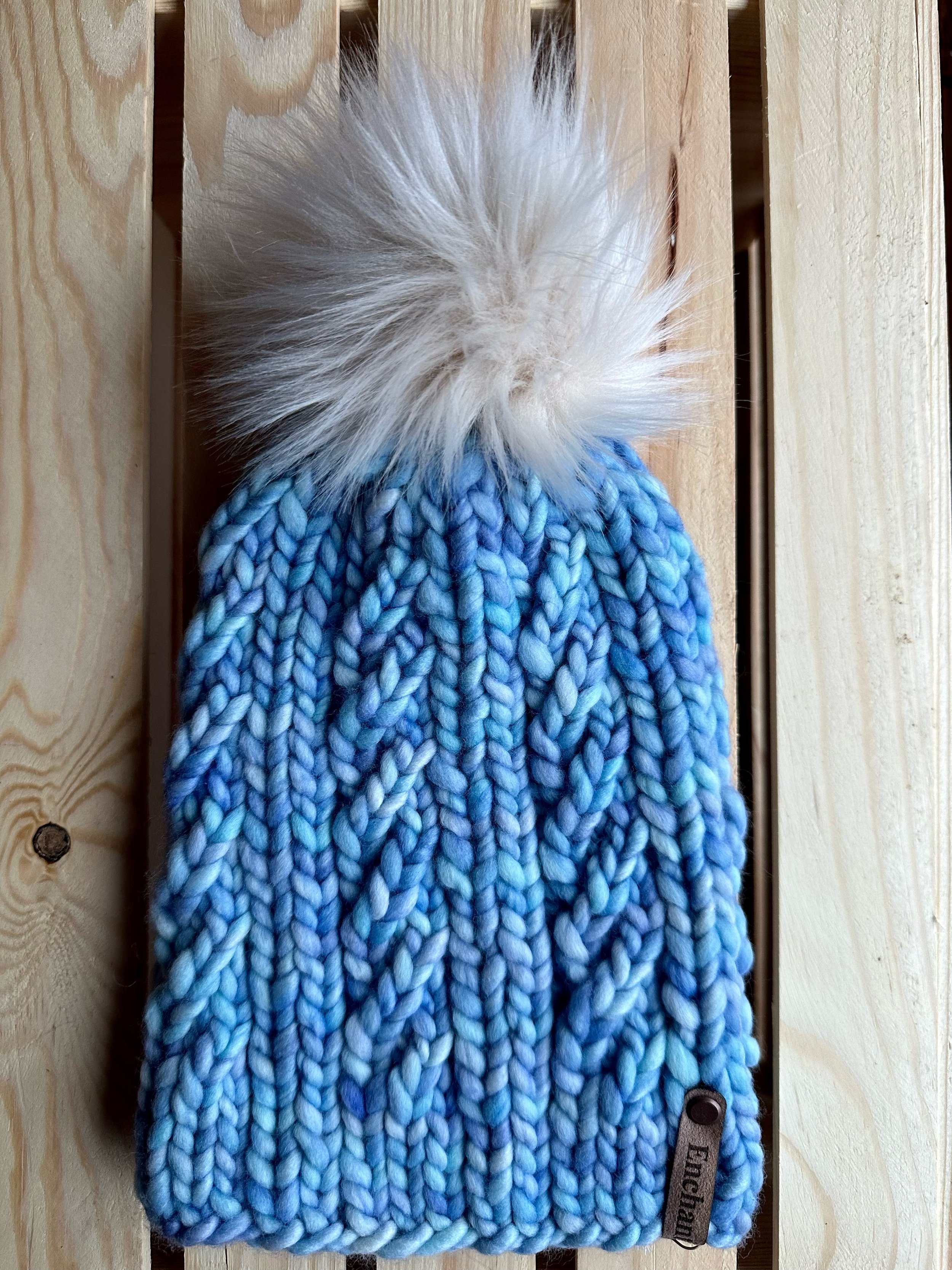 Soft Periwinkle Twisted Merino Wool Beanie with Faux Fur Pom