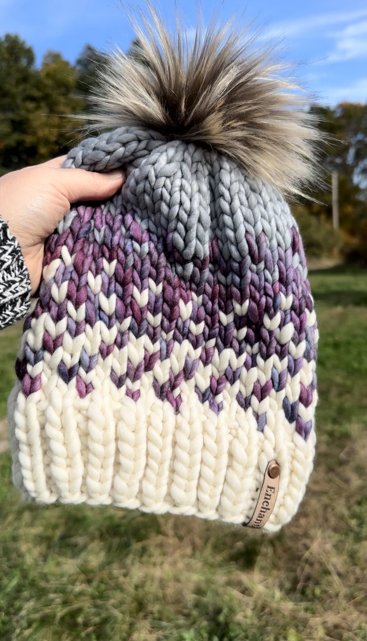 Cool Grey, Berry, Denim, & Natural Merino Wool Beanie with Faux Fur Pom (1)