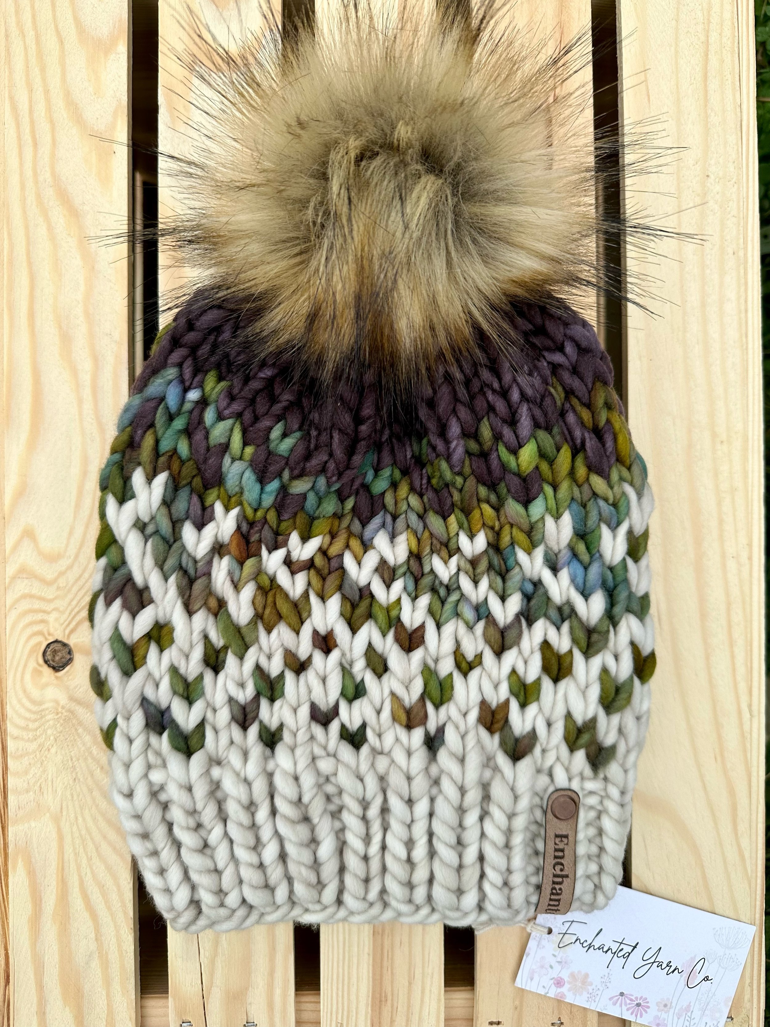 Dark Pearl Grey, Green/ Aqua Multi, & Stone Merino Wool Beanie with Faux Fur Pom