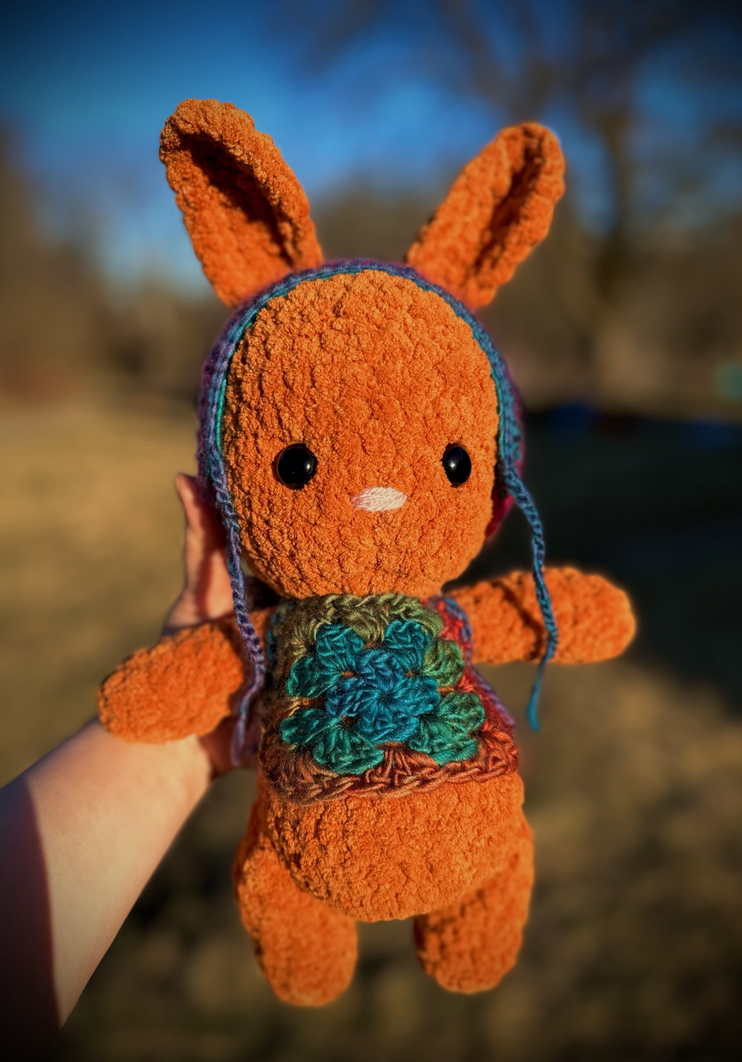 OOAK Red Brown Bunny with Rainbow Vest and Bonnet