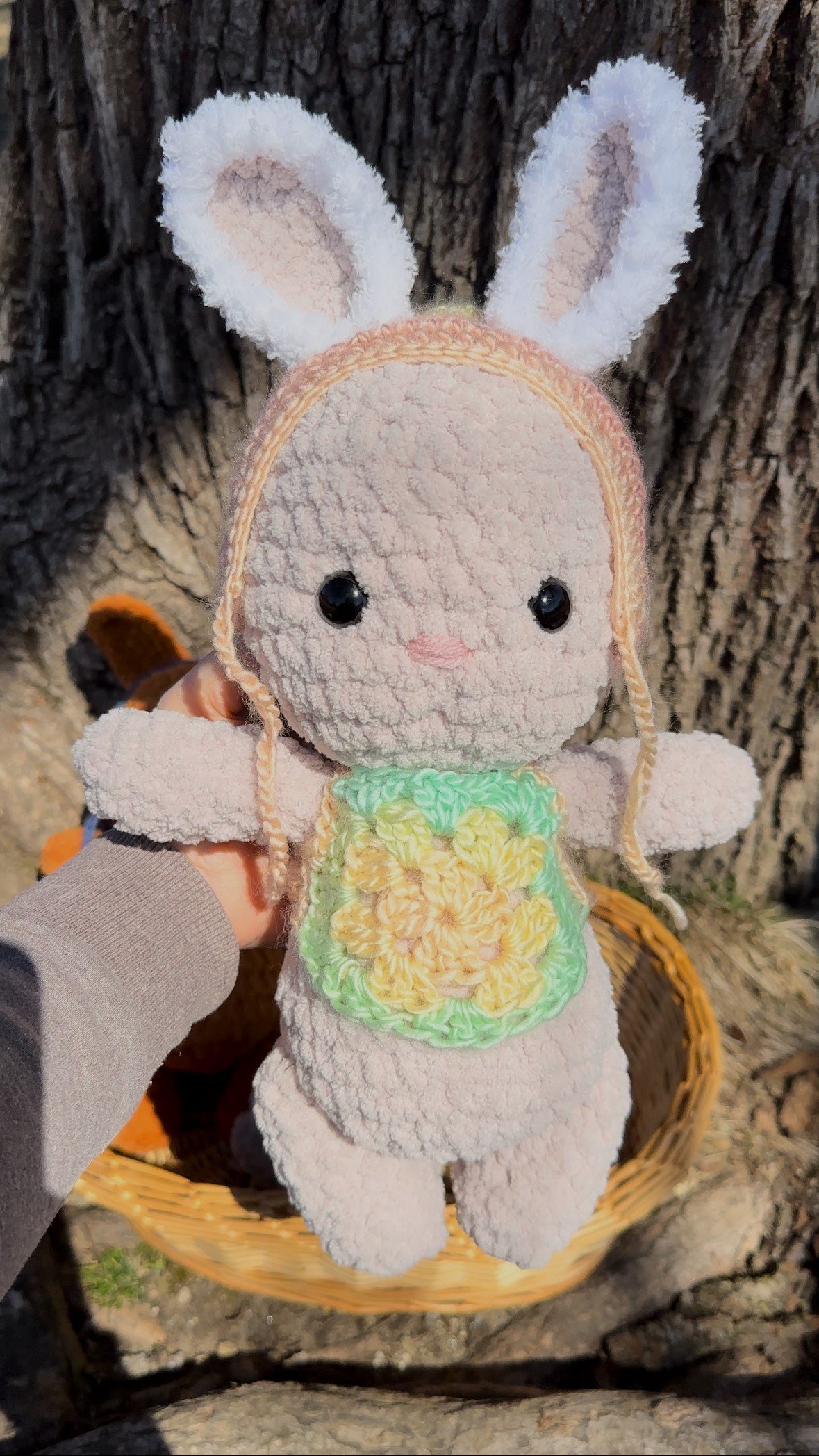 OOAK Light Stone Bunny with Pastel Vest and Bonnet