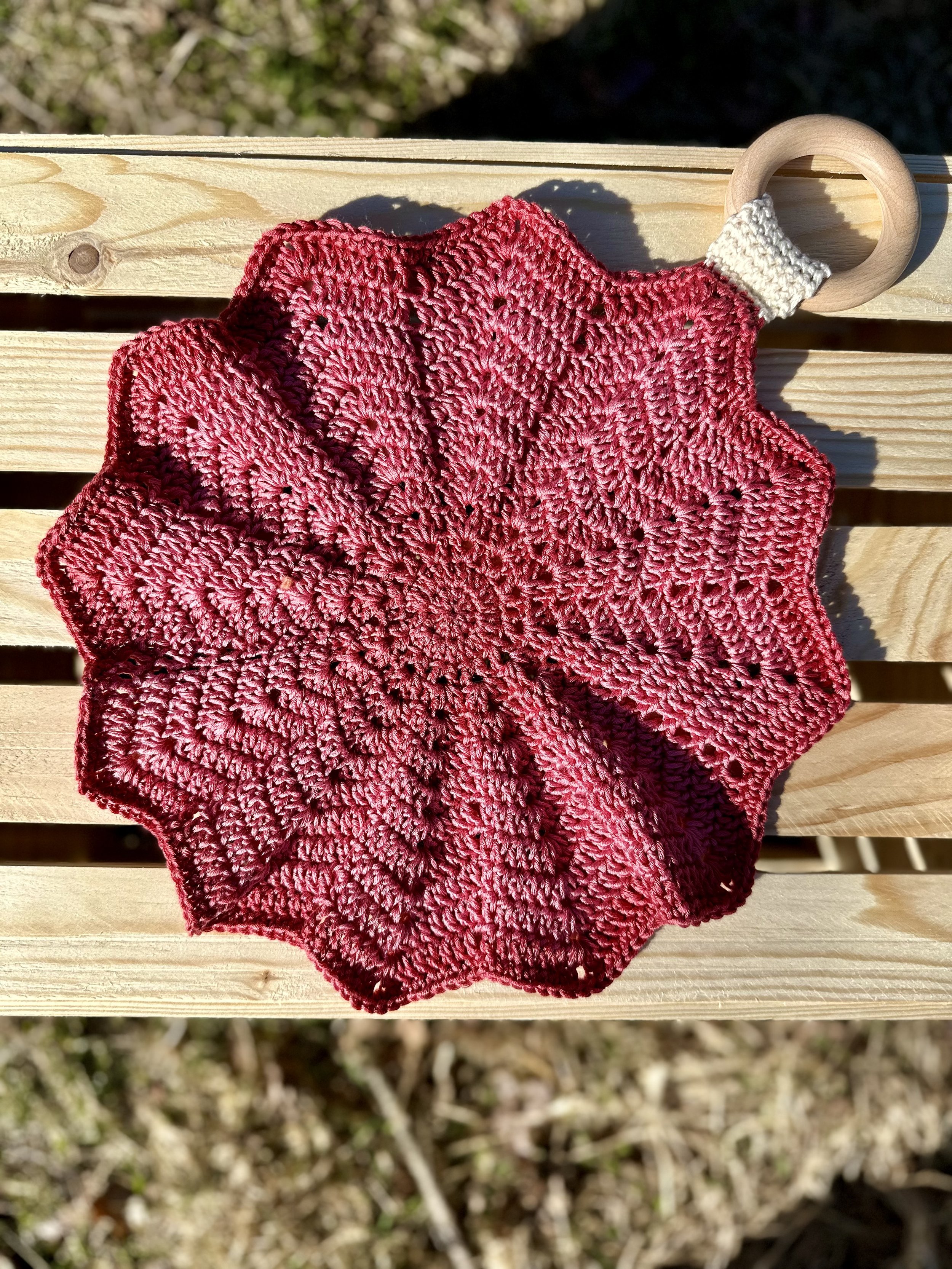 Rosy Red Natural Egyptian Cotton Lovey with Wooden Teething Ring
