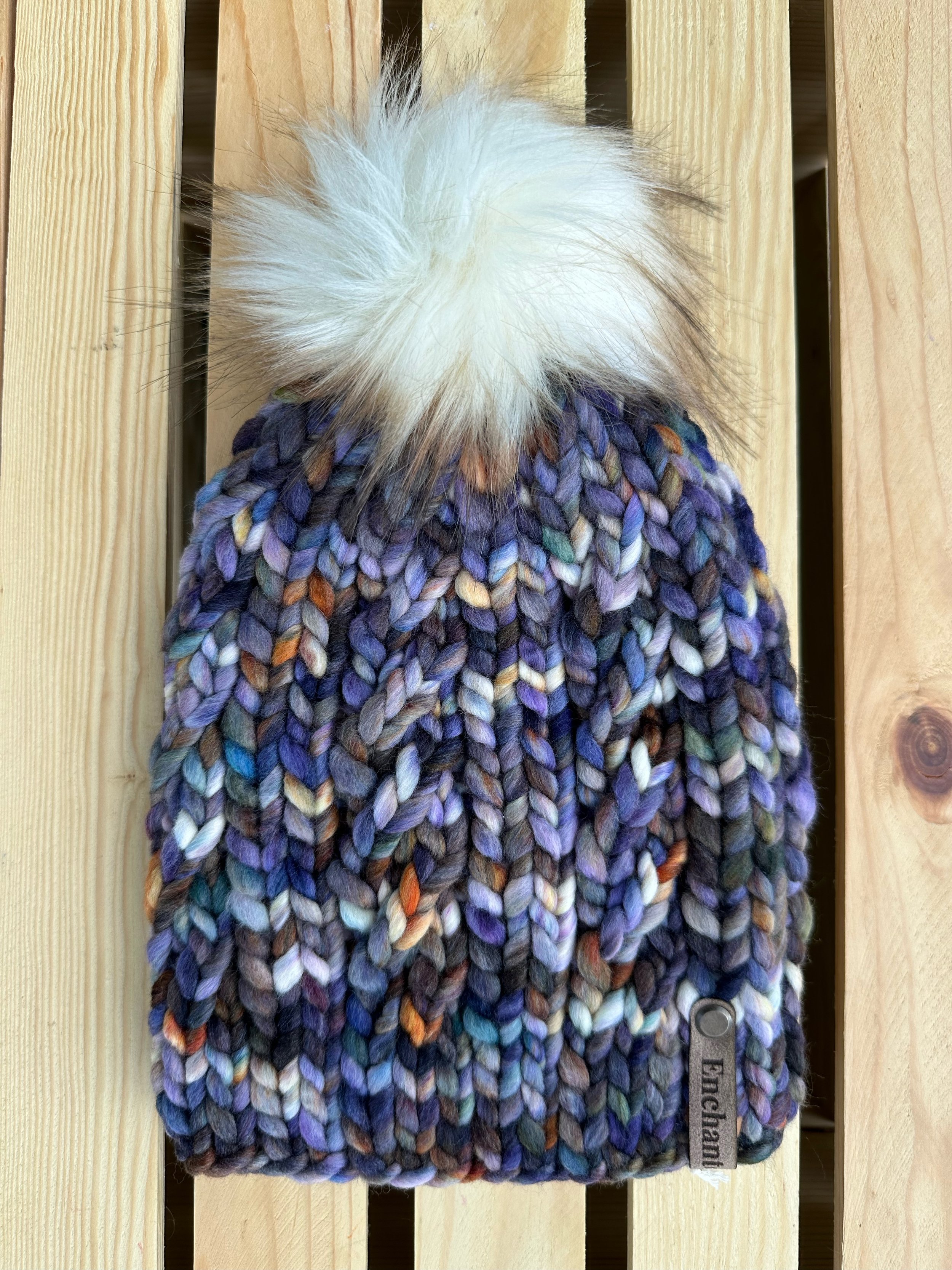Purple Multicolor Twisted Merino Wool Beanie with Faux Fur Pom