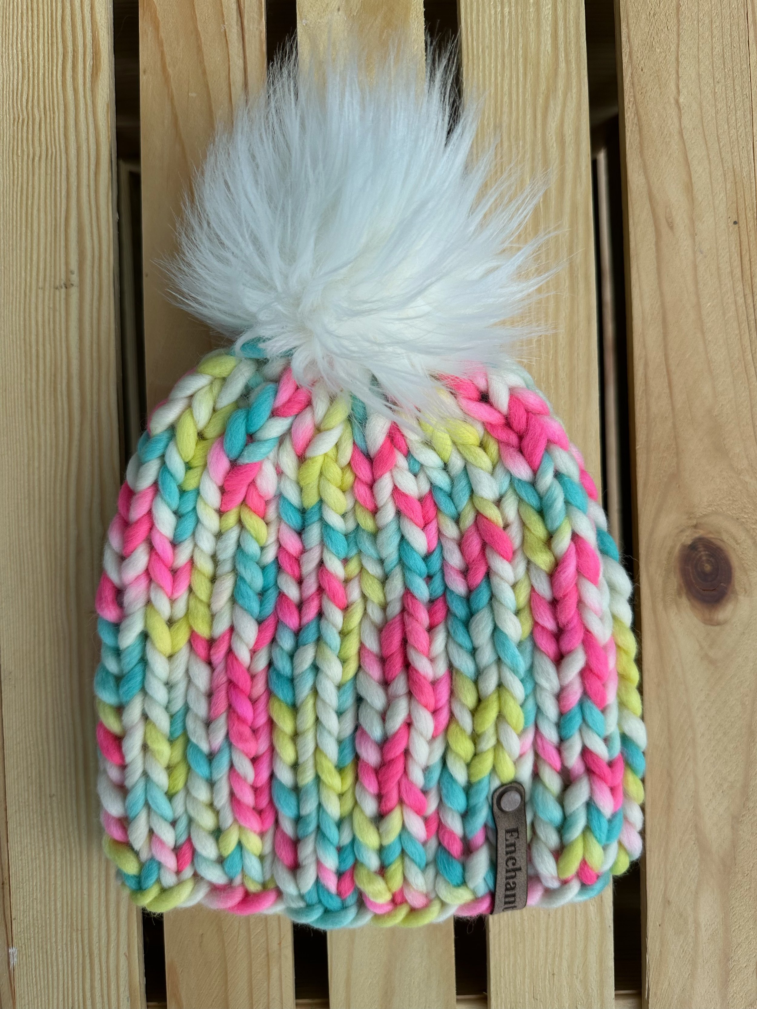 Bright Multicolor Peruvian Wool Beanie with Faux Fur Pom- Toddler