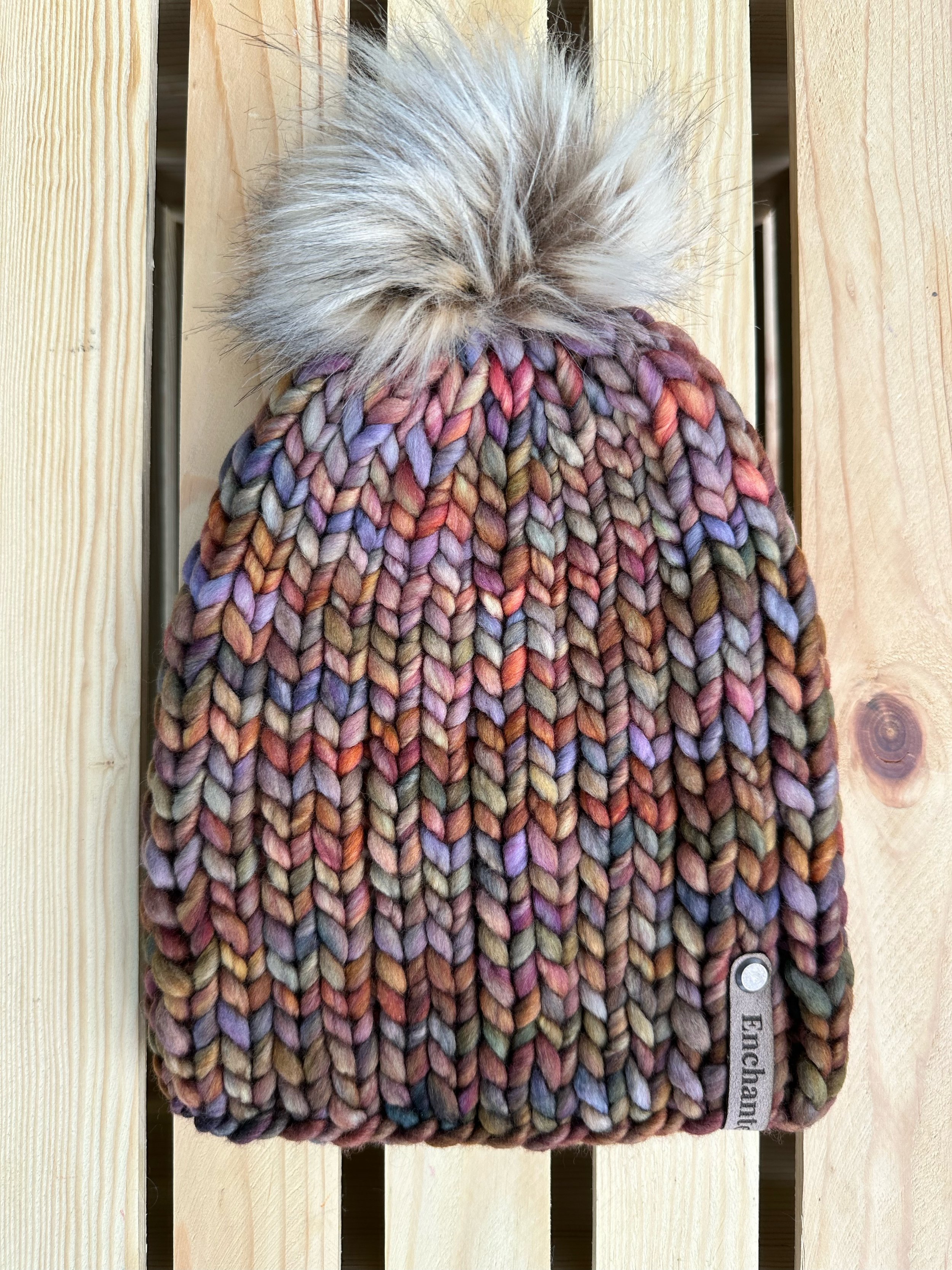 Autumn Multicolor Merino Wool Beanie with Faux Fur Pom