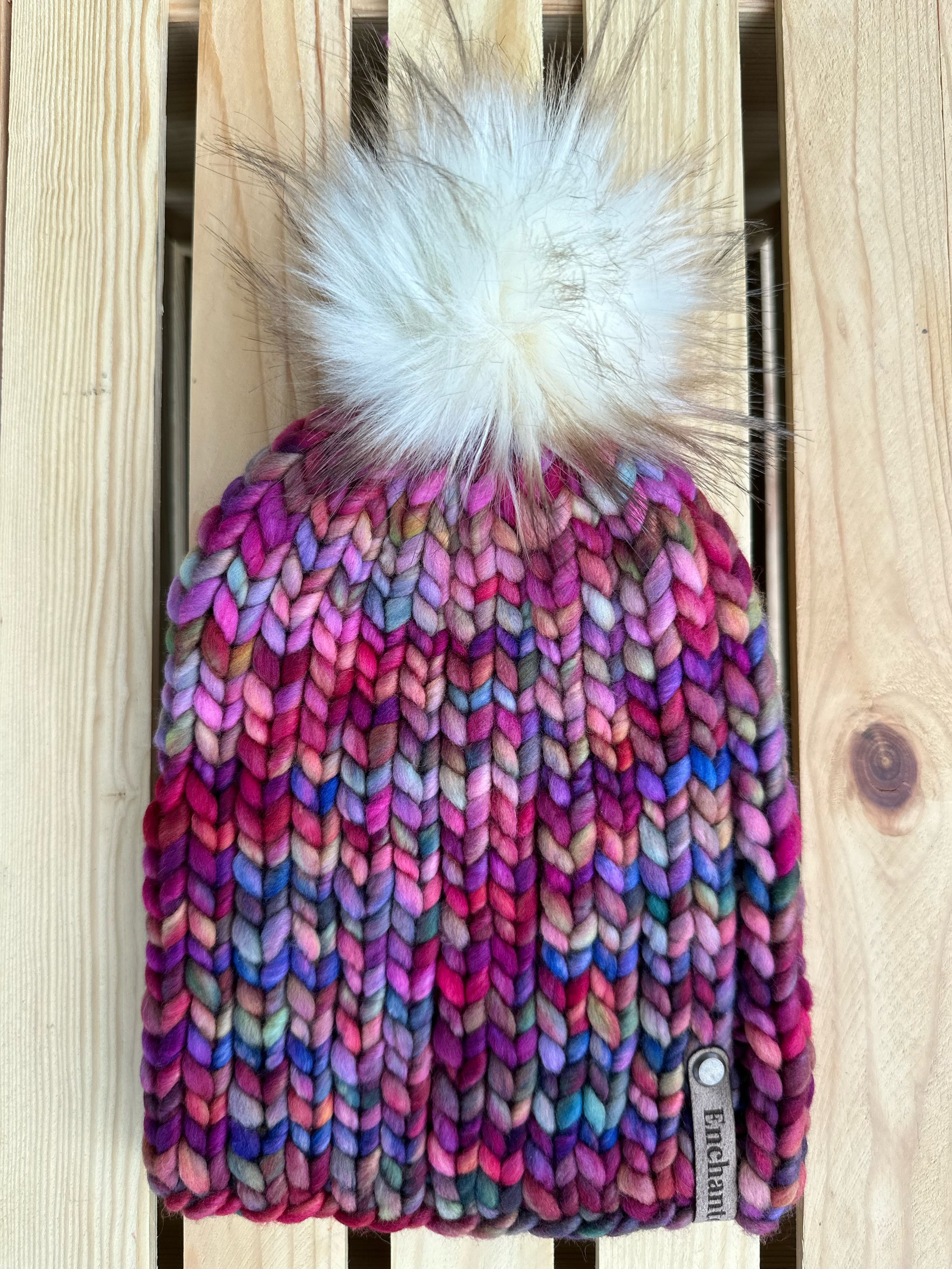 Pink Multicolor Merino Wool Beanie with Faux Fur Pom