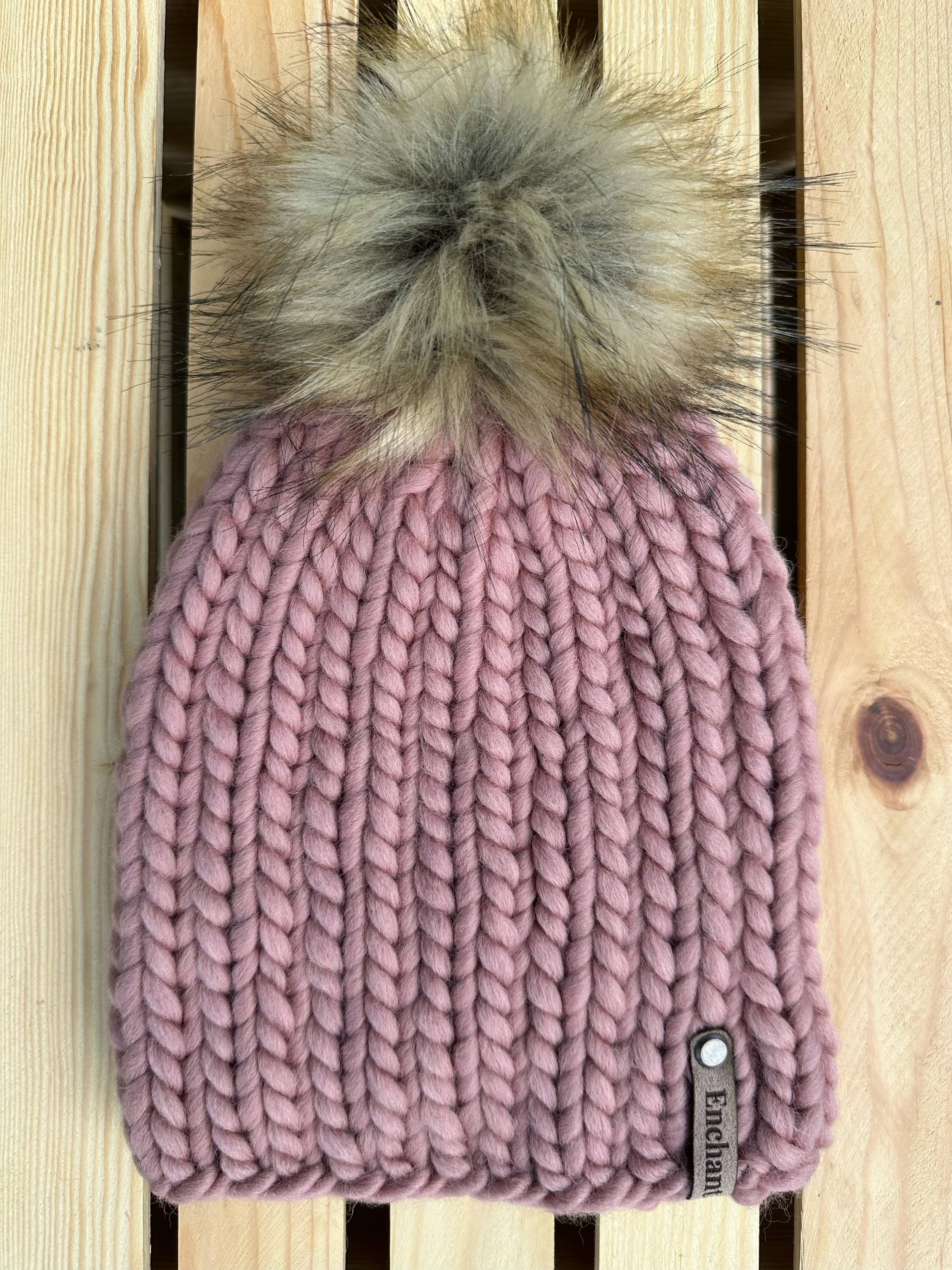 Dusty Pink Peruvian Wool Beanie with Faux Fur Pom