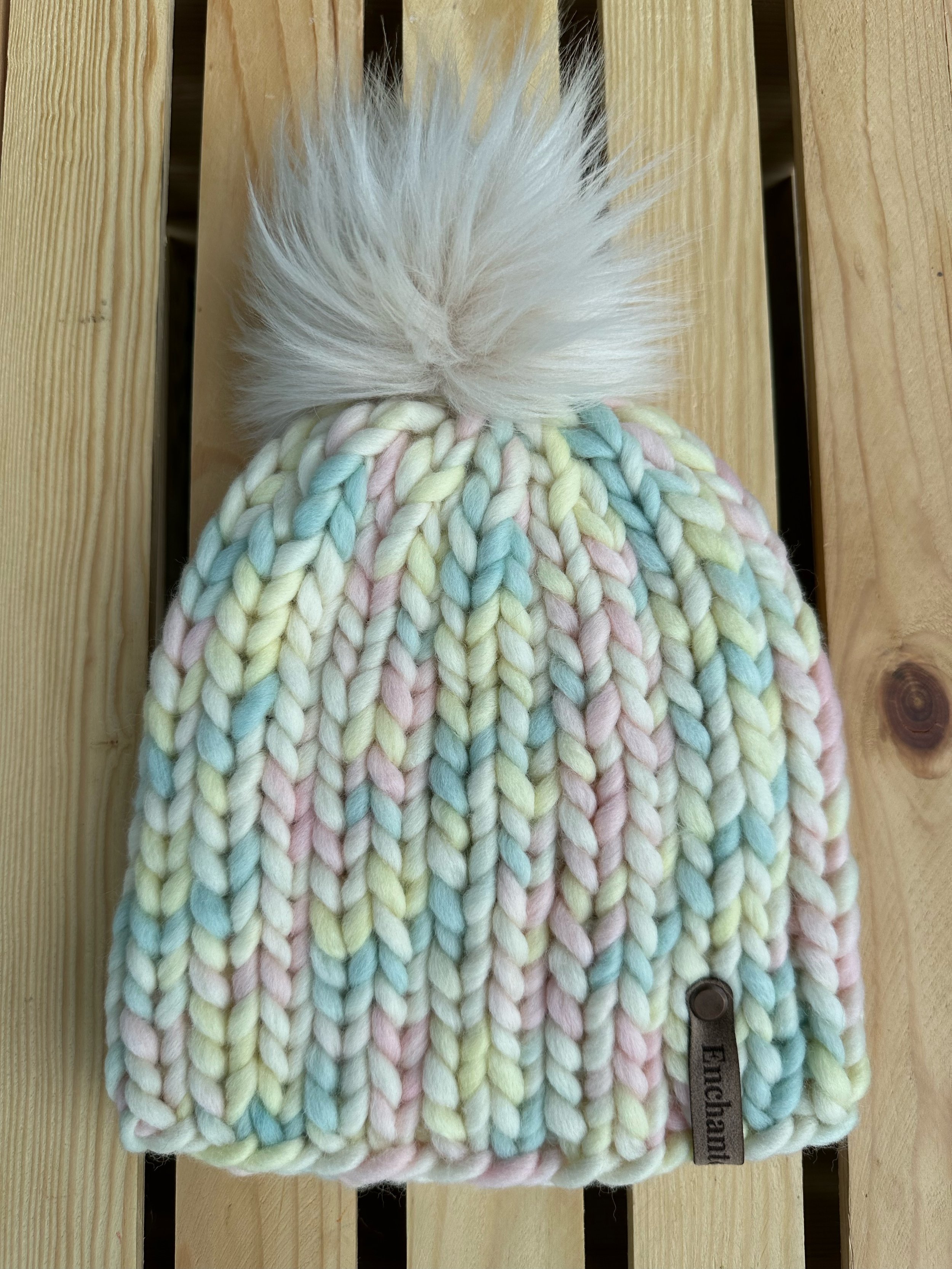 Light Multicolor Peruvian Wool Beanie with Faux Fur Pom- Child