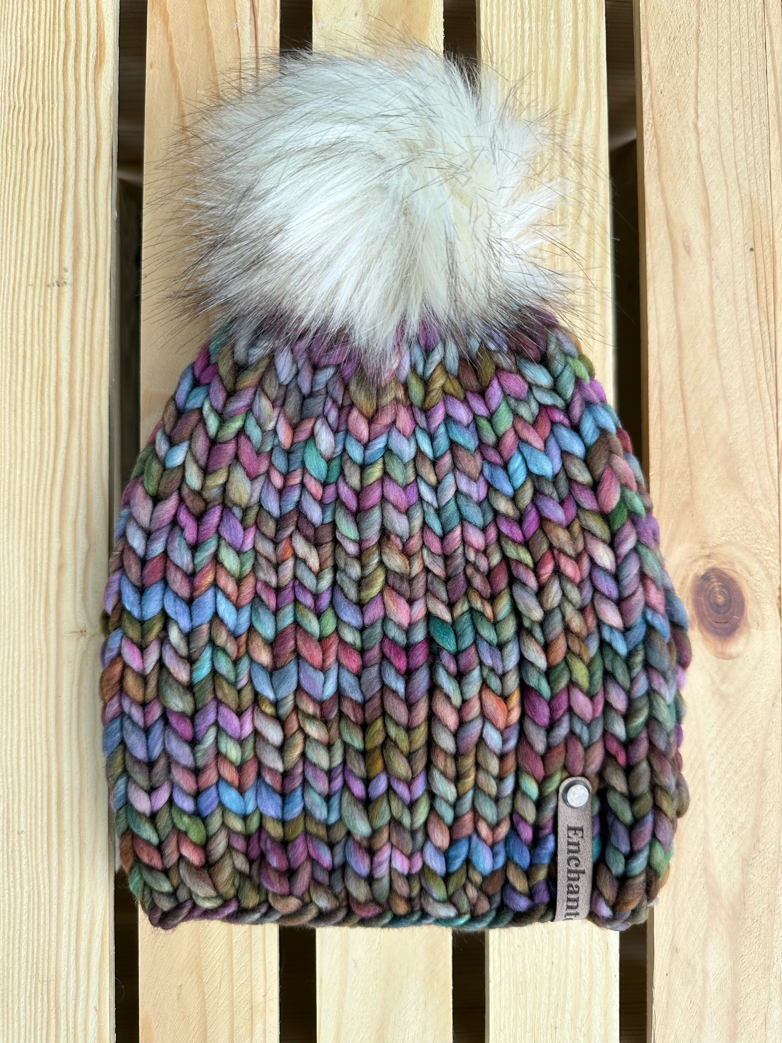 Multicolor Merino Wool Beanie with Faux Fur Pom (2)