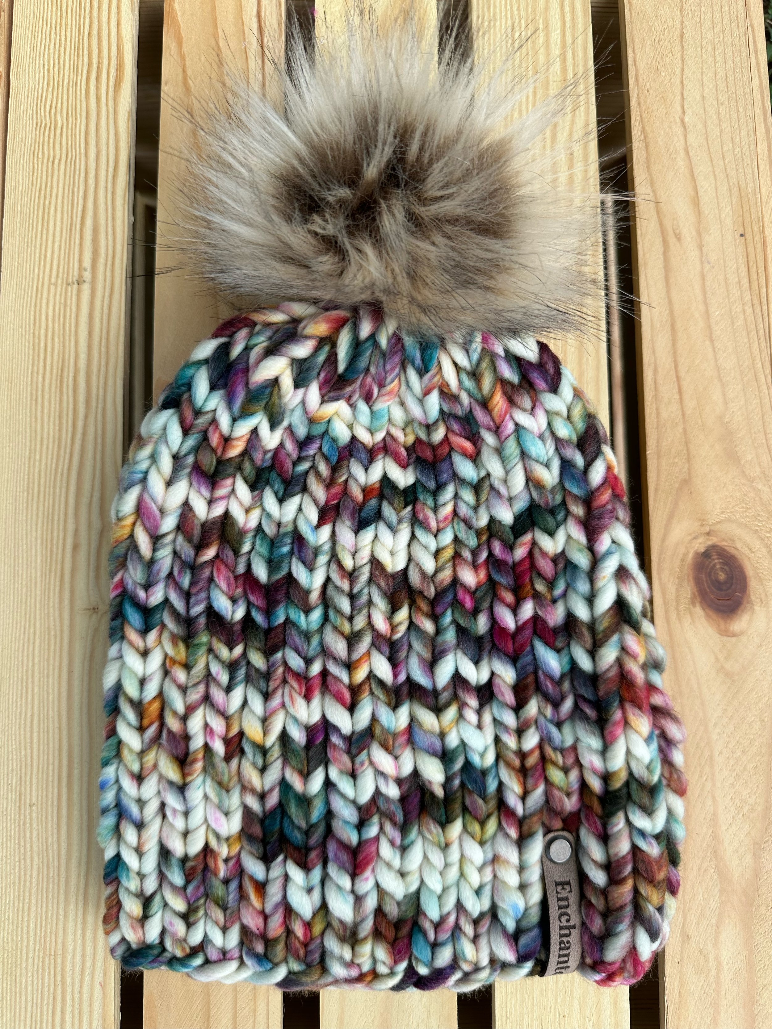 Cream Multicolor Merino Wool Beanie with Faux Fur Pom