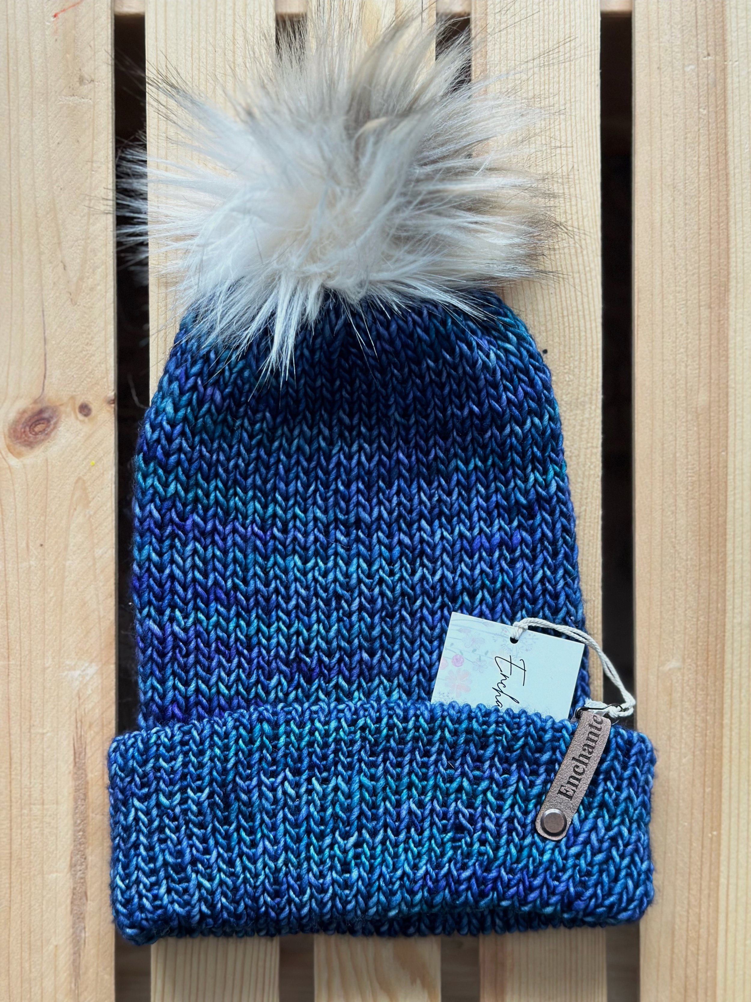 6- Painted Collection Merino Wool Beanie with Faux Fur Pom
