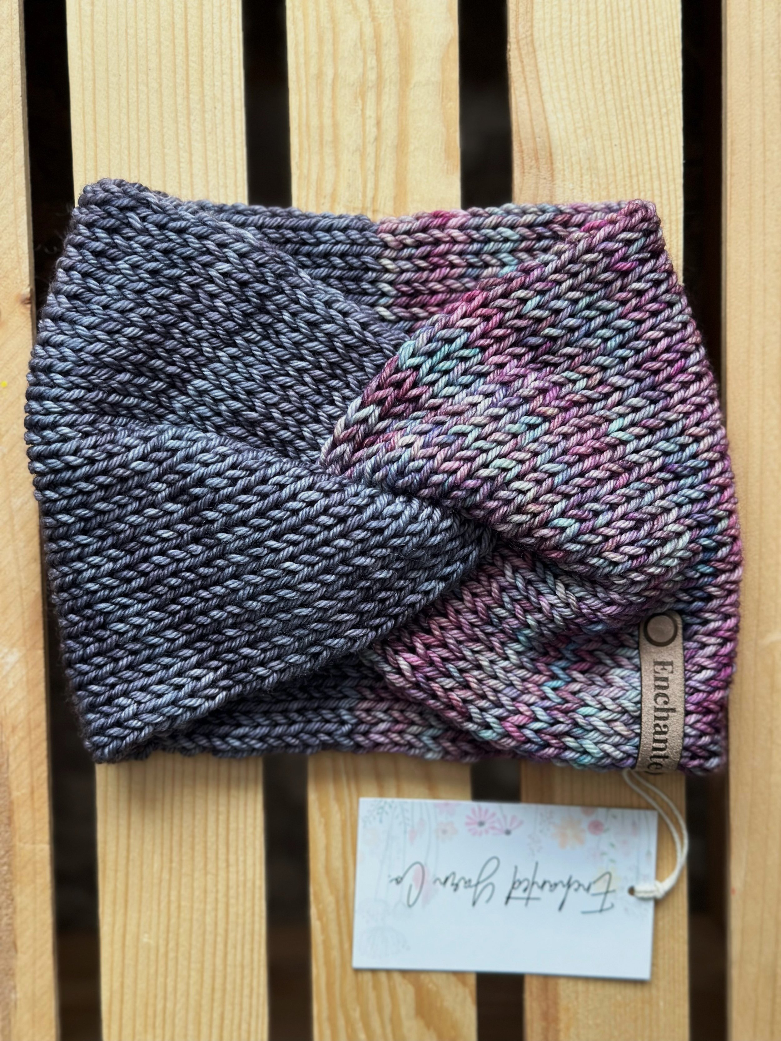 Medium Grey/ Icy blue & Magenta Merino Wool Twisted Headband