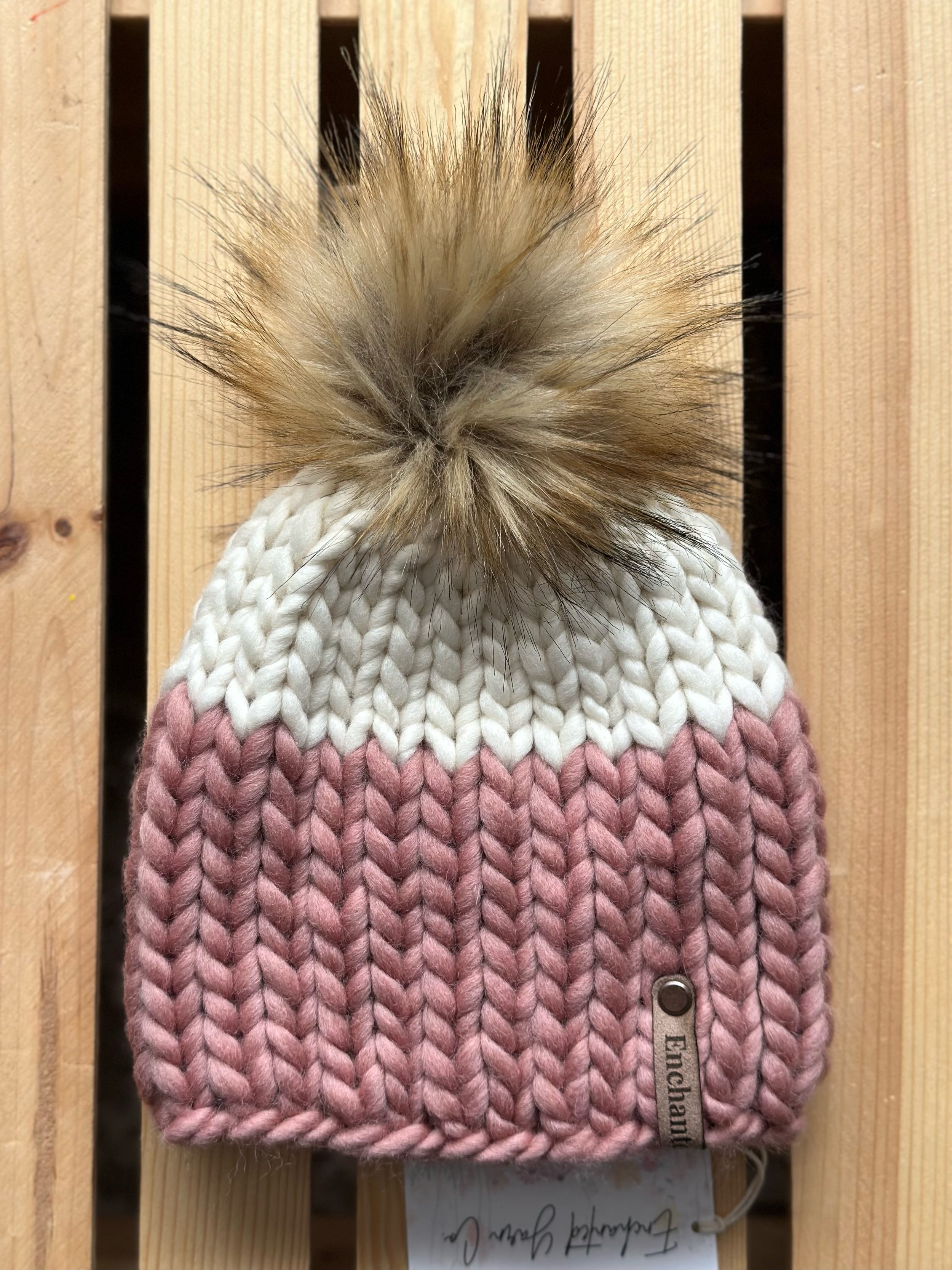 Dusty Pink & Natural Peruvian/ Merino Wool Mix Beanie with Faux Fur Pom- Child
