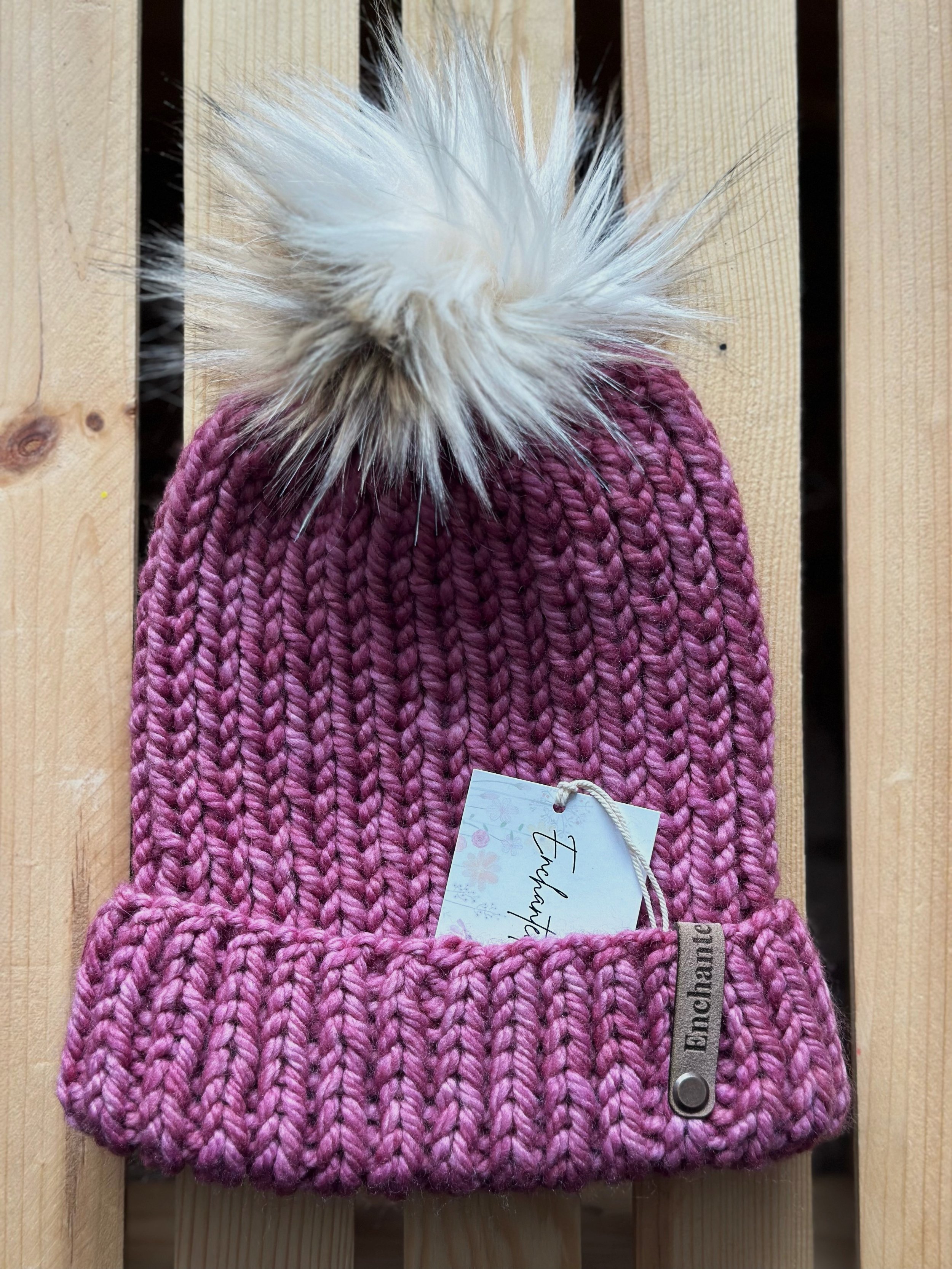 Light Rose Midweight Merino Folded Beanie with Faux Fur Pom