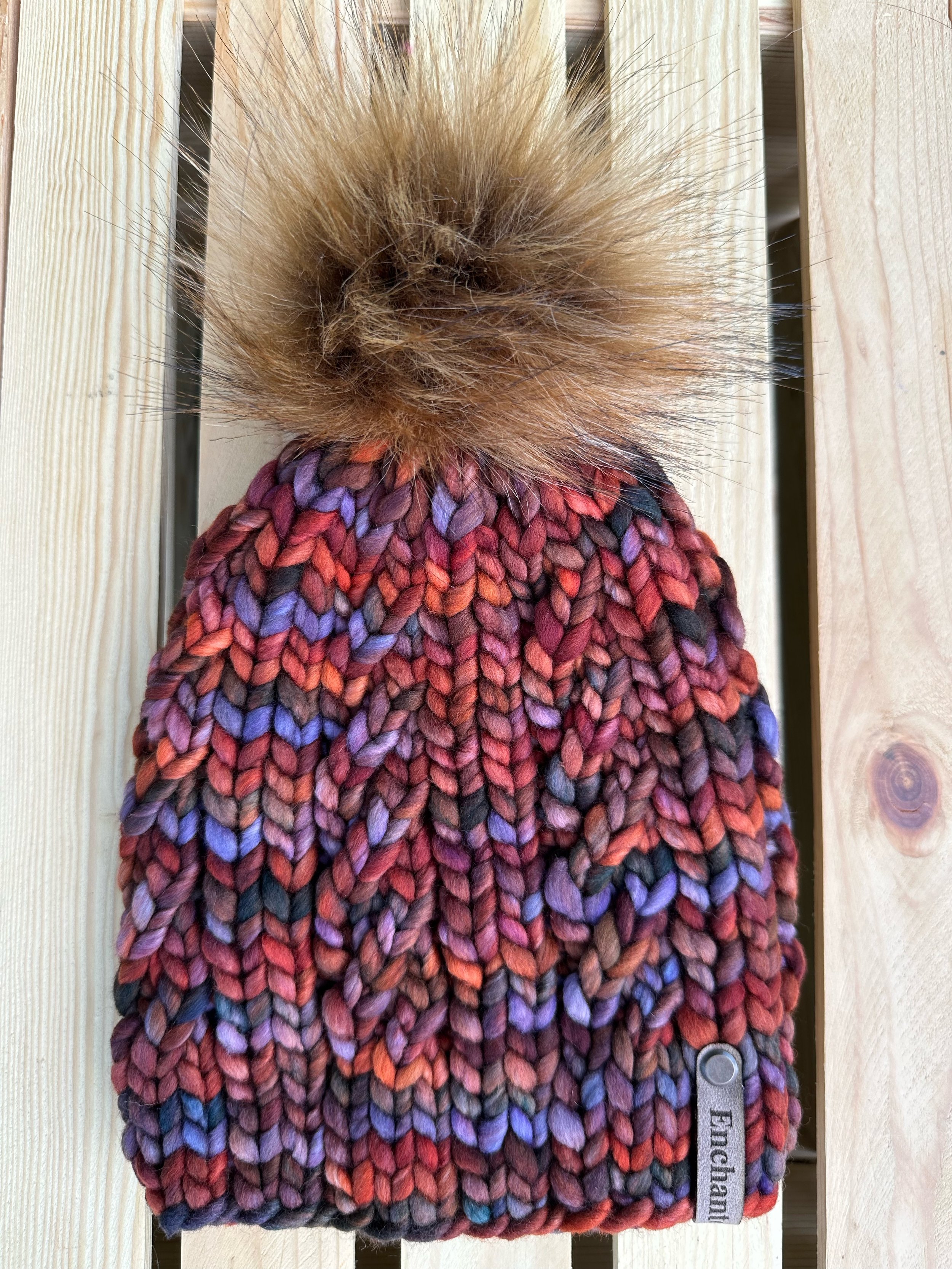 Rust Multicolor Twisted Merino Wool Beanie with Faux Fur Pom