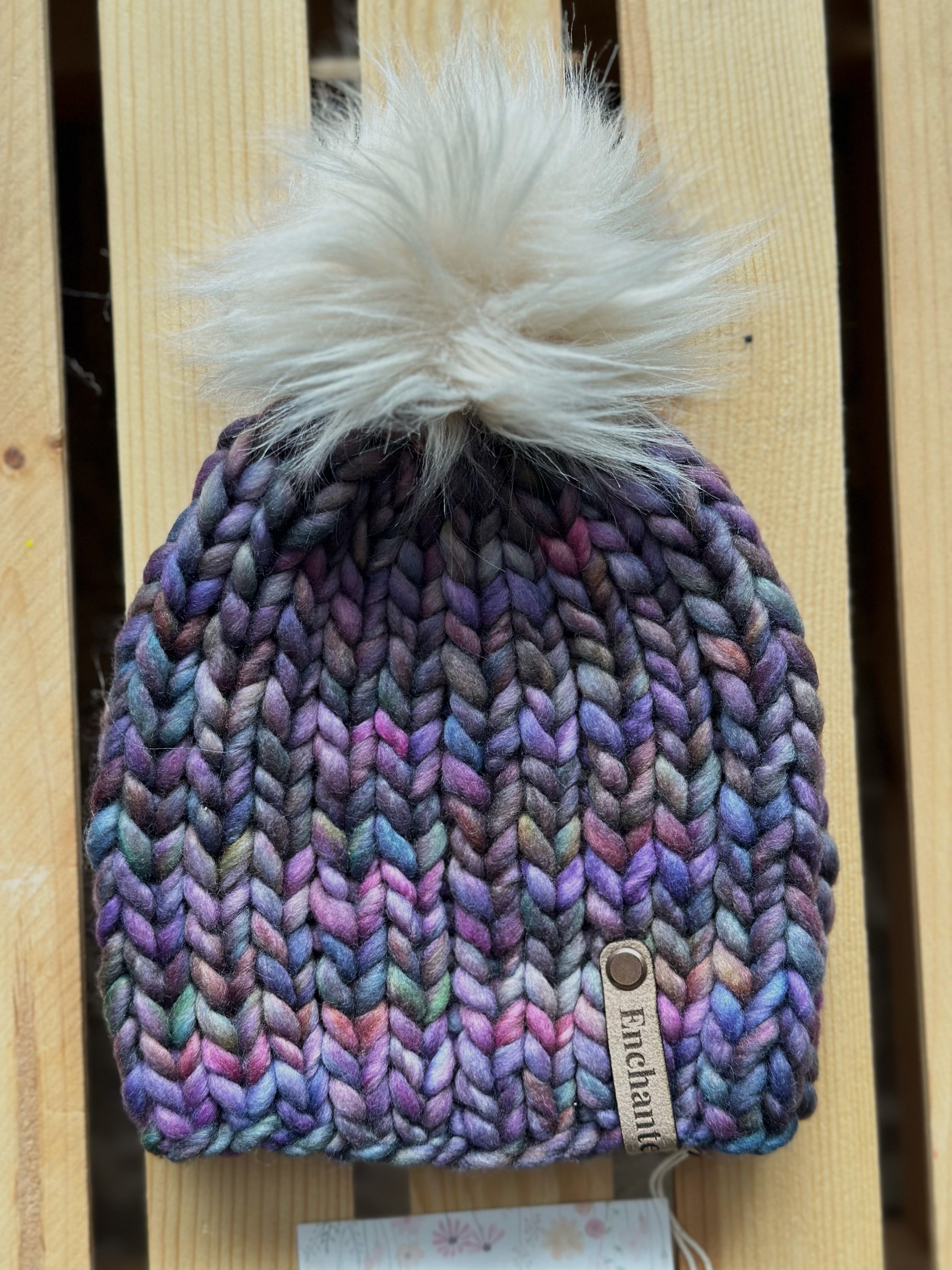 Purple Multicolor Merino Wool Beanie with Faux Fur Pom- Toddler