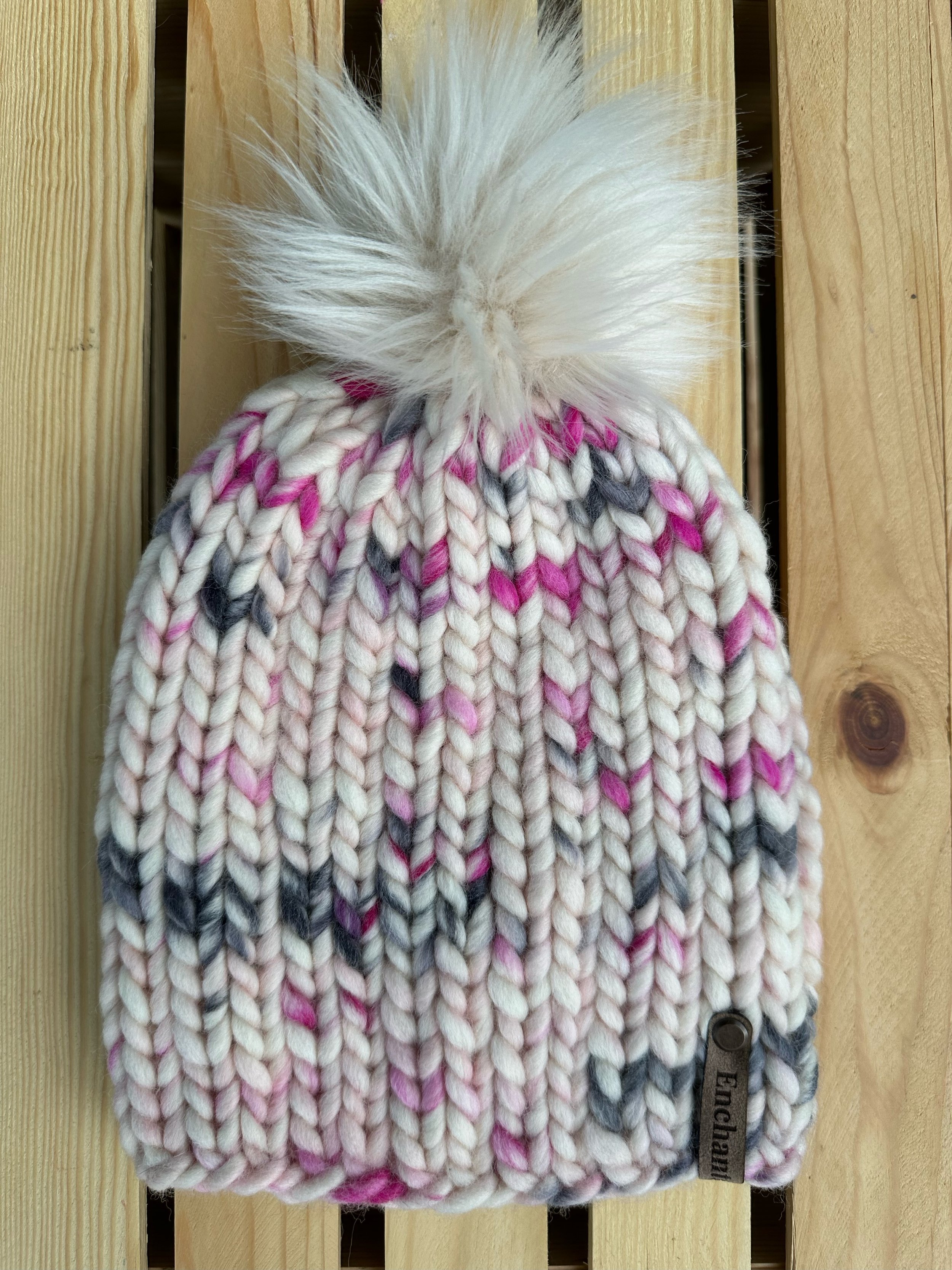 Cream, Pink, Black Multi Peruvian Wool Beanie with Faux Fur Pom