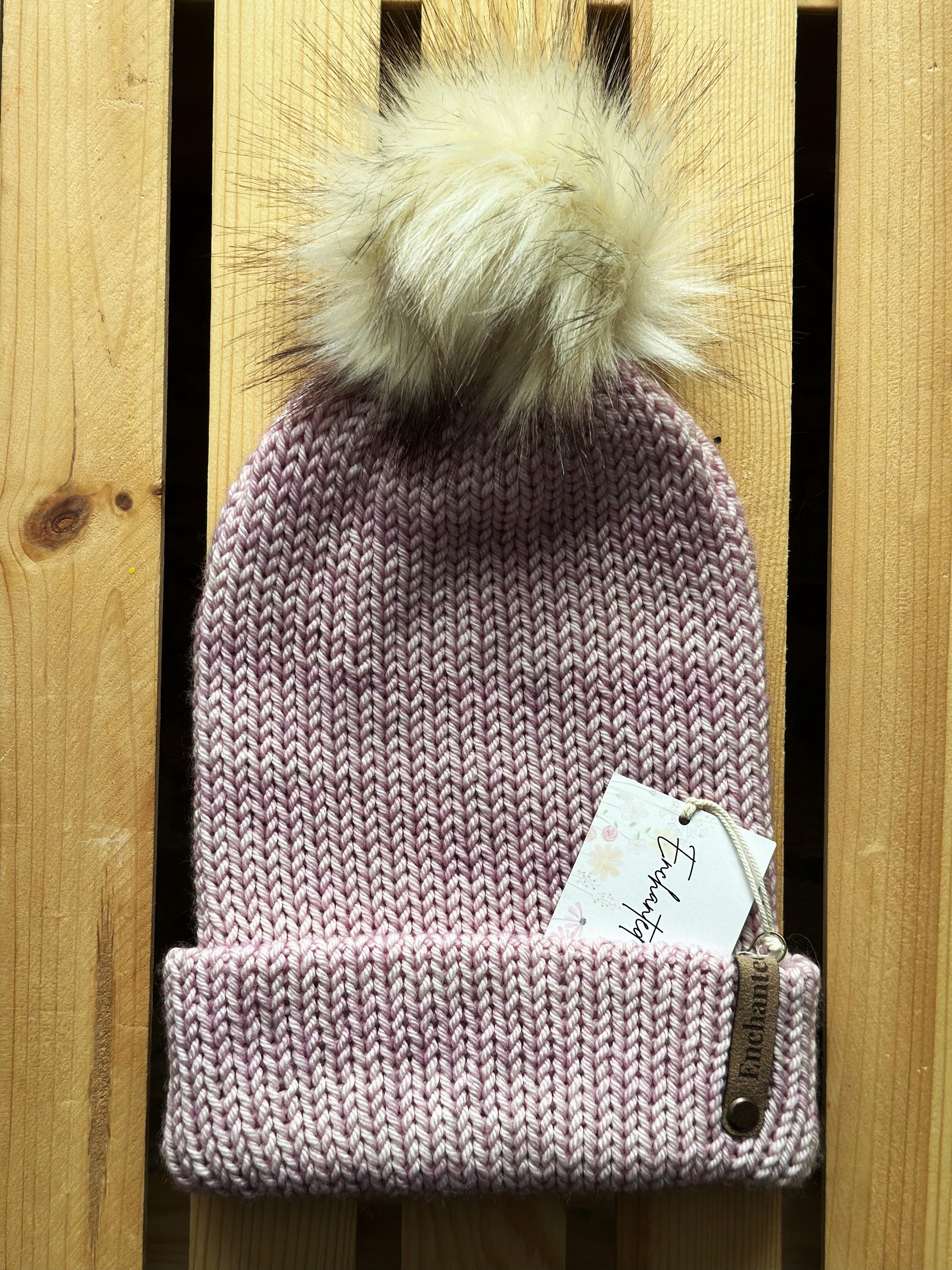 Soft Lilac Basic Merino Wool Beanie with Faux Fur Pom