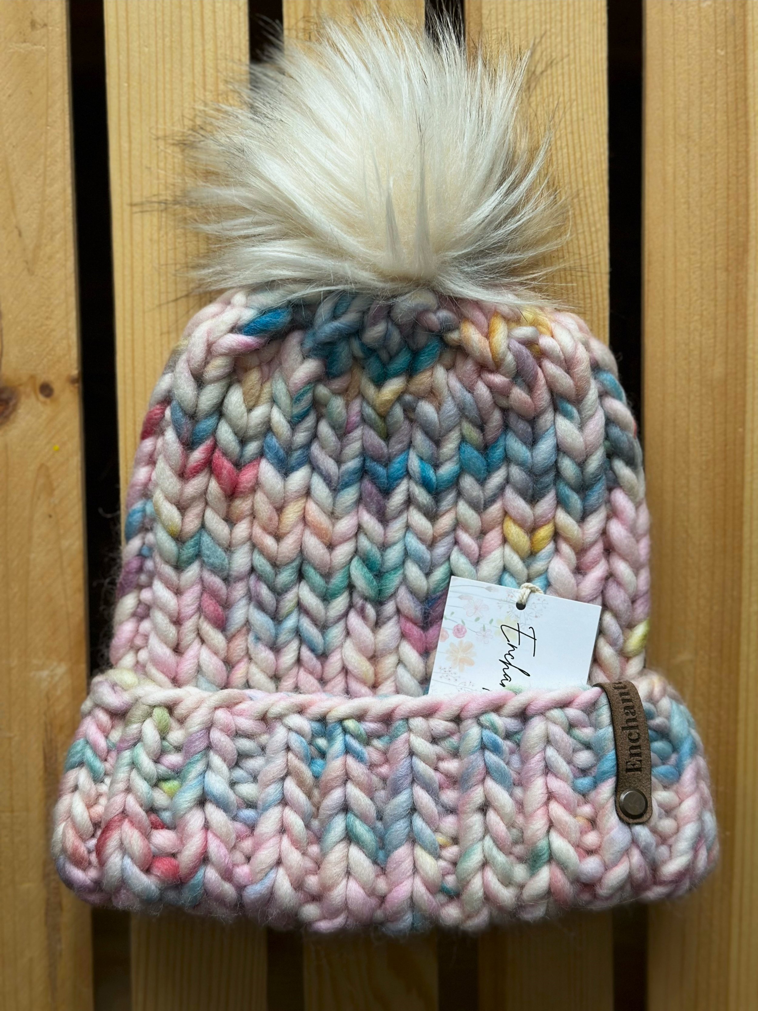 Light Multicolor Peruvian Wool Folded Brim Beanie with Faux Fur Pom