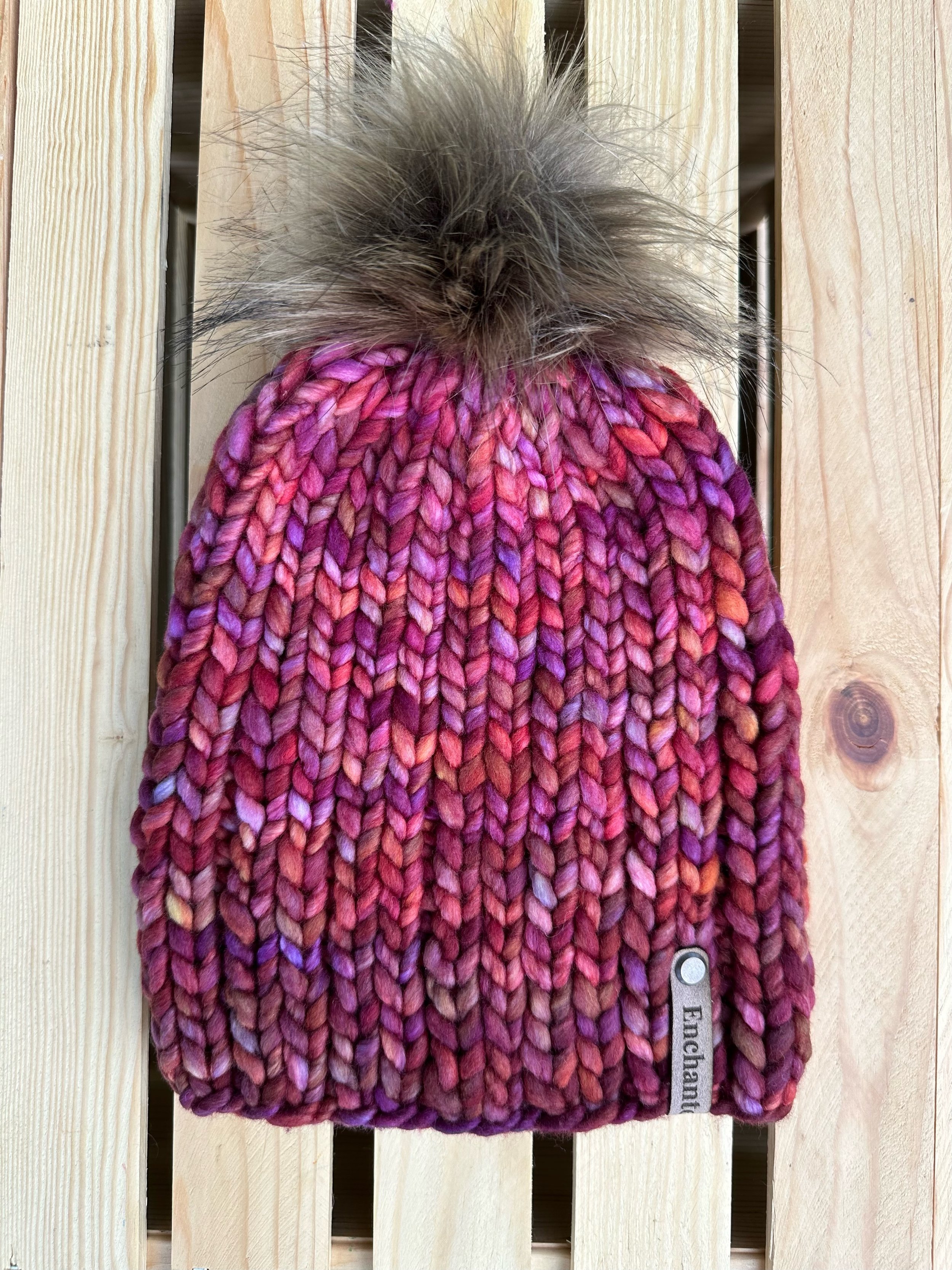Pink & Orange Multicolor Merino Wool Beanie with Faux Fur Pom