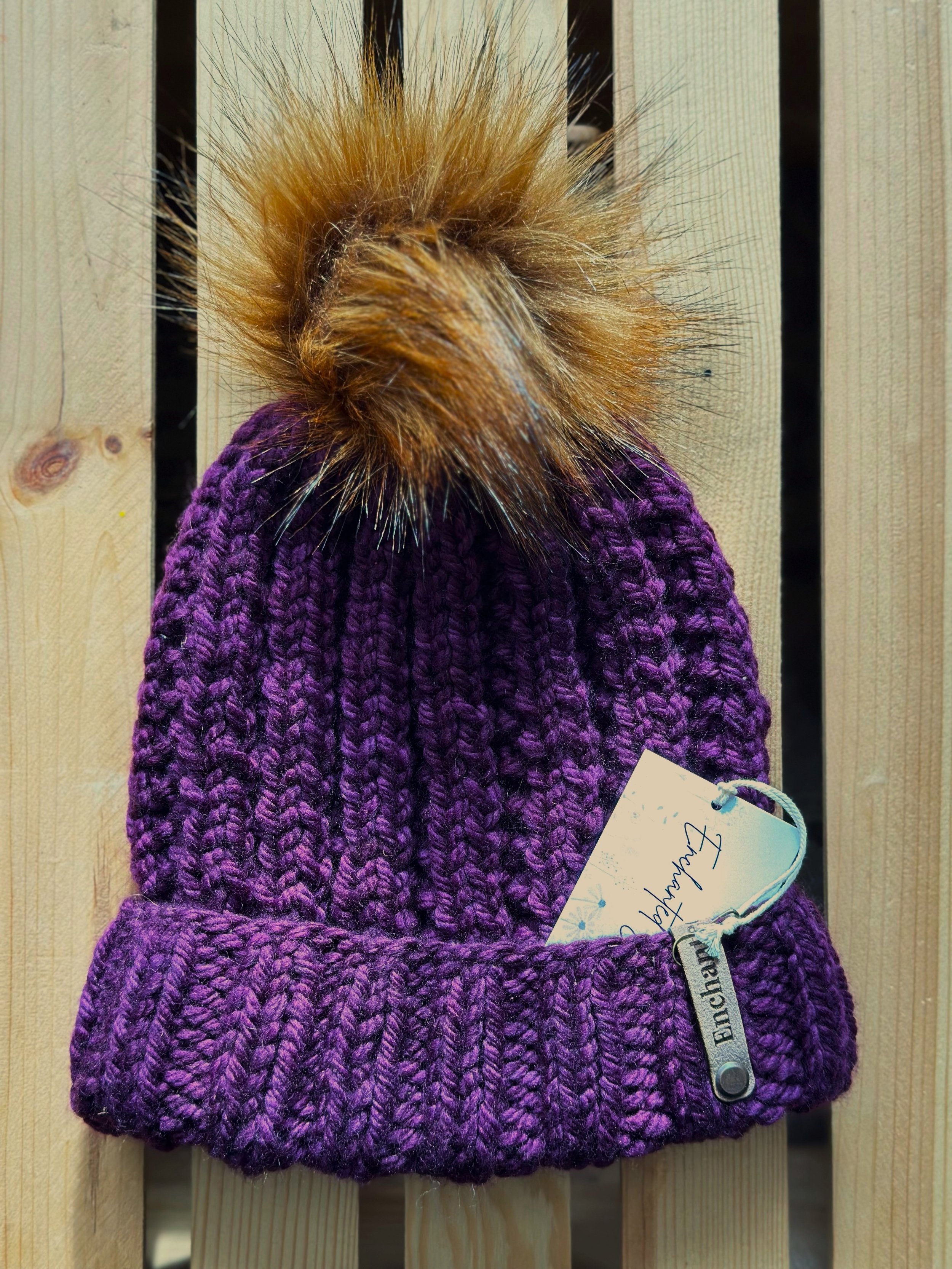 Violet Midweight Merino Folded Beanie with Faux Fur Pom