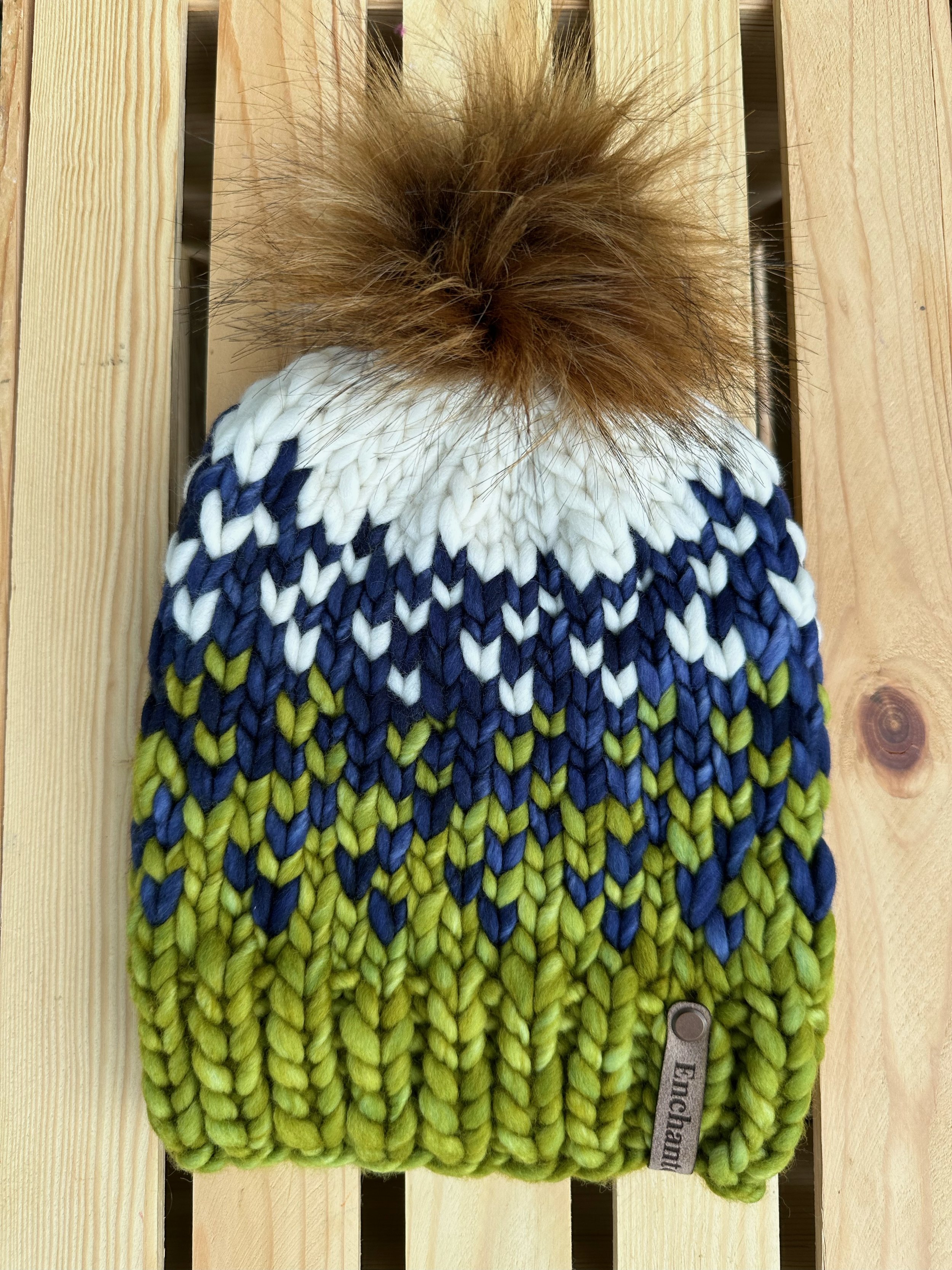 Green, Blue, & Natural Merino Wool Beanie with Faux Fur Pom- Child