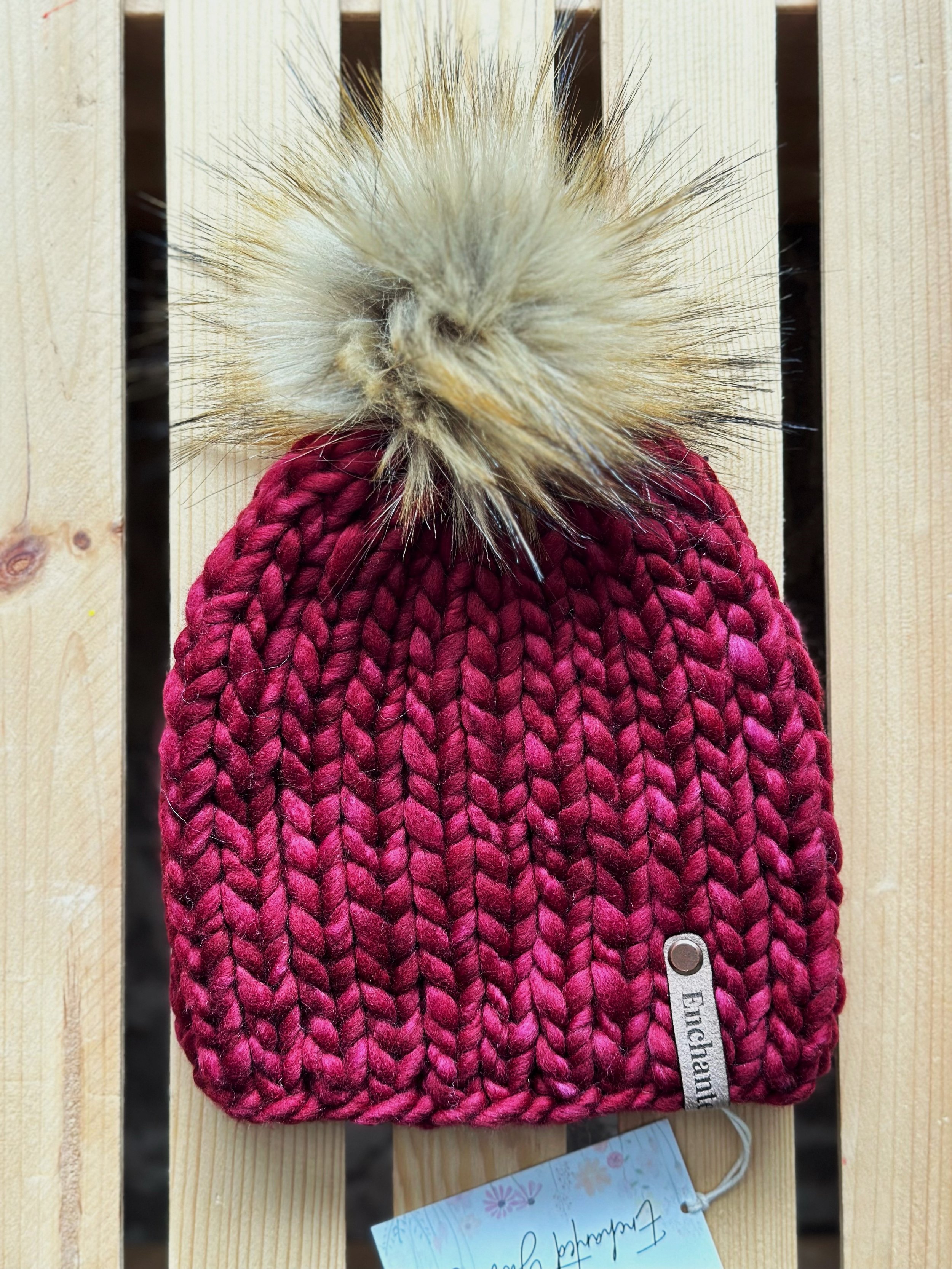 Deep Red Merino Wool Beanie with Faux Fur Pom- Child