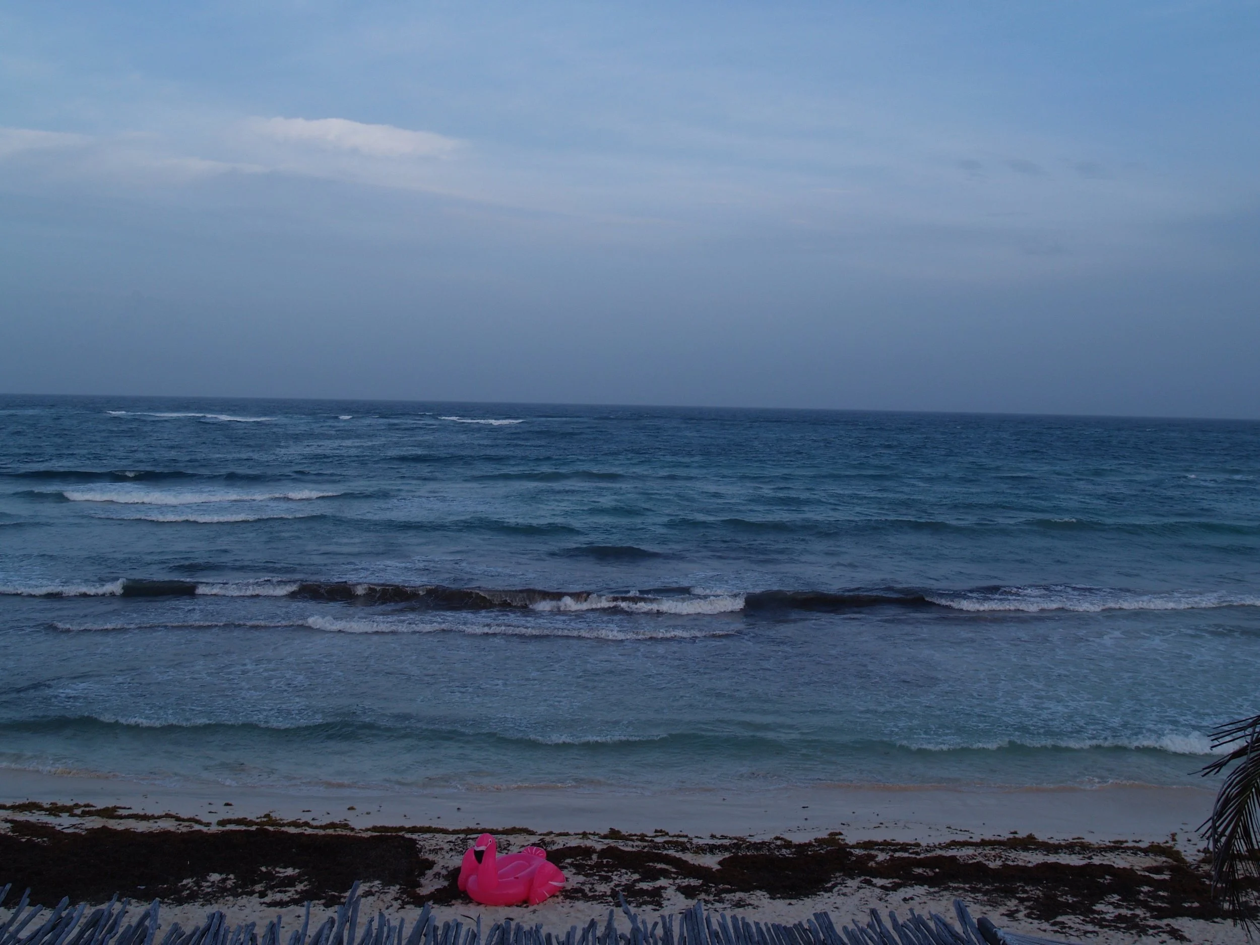 View of the ocean with small waves, a sandy beach in the foreground, a pink inflatable flamingo on the sand, and a blue sky with some clouds.