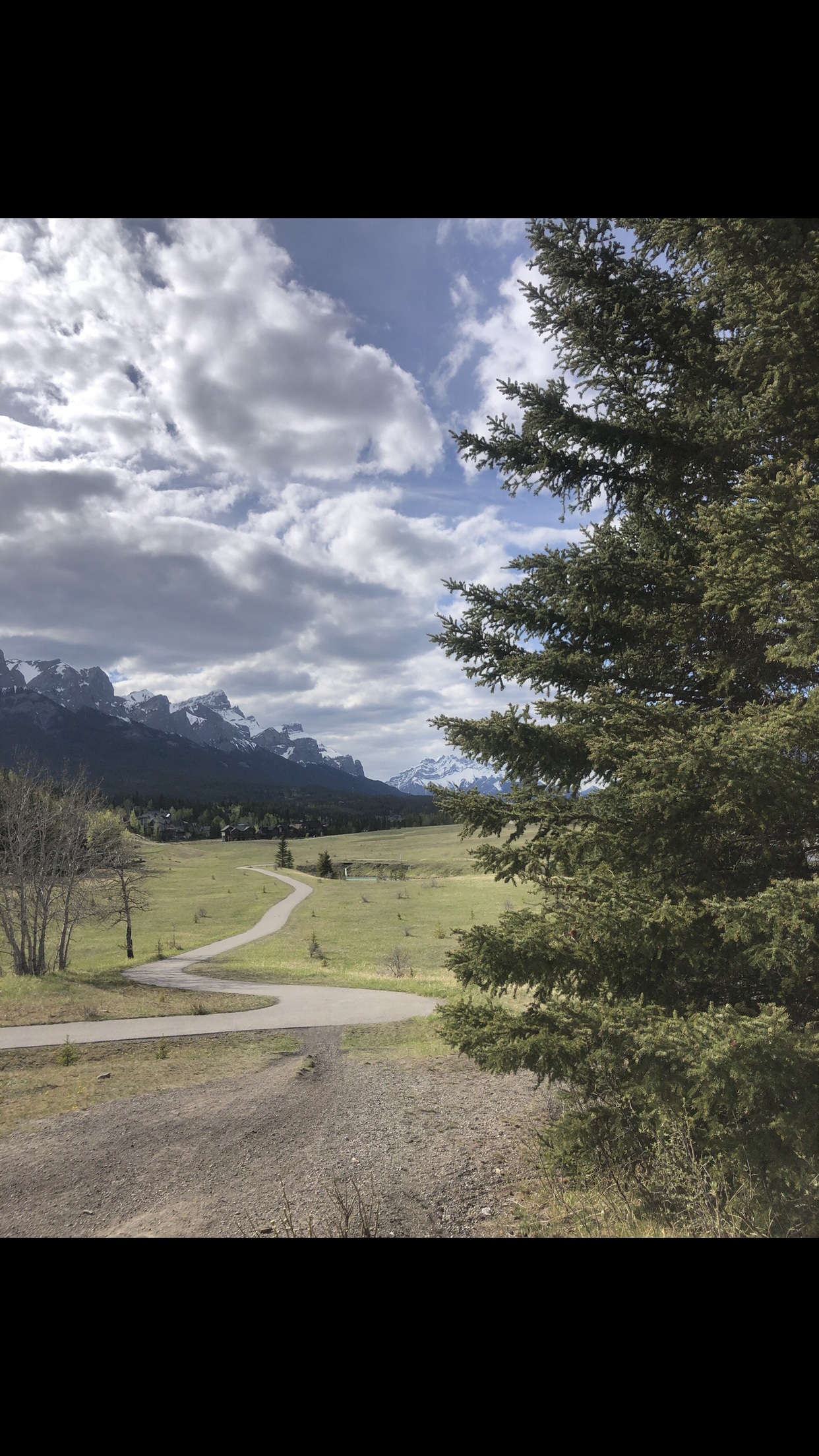A winding paved trail through a grassy field with mountains in the distance and a partly cloudy sky.