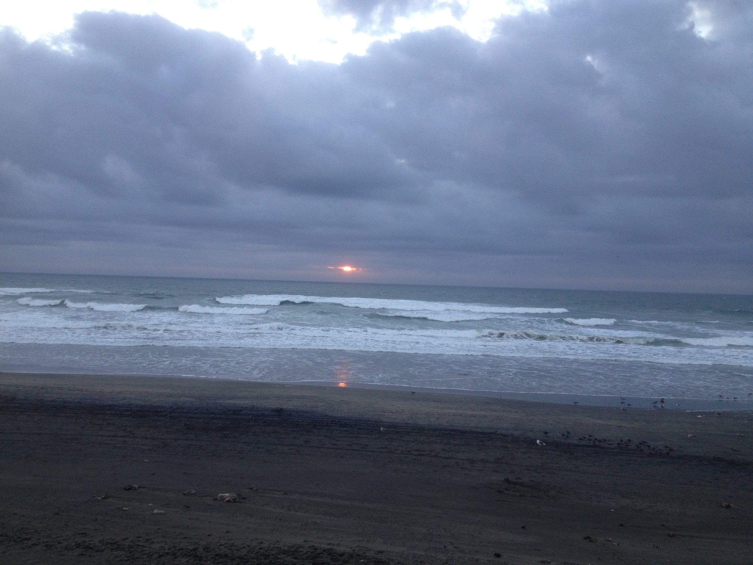 A cloudy evening at the beach with the sun setting on the horizon, gentle waves crashing onto the dark sandy shore, and seagulls standing on the sand.