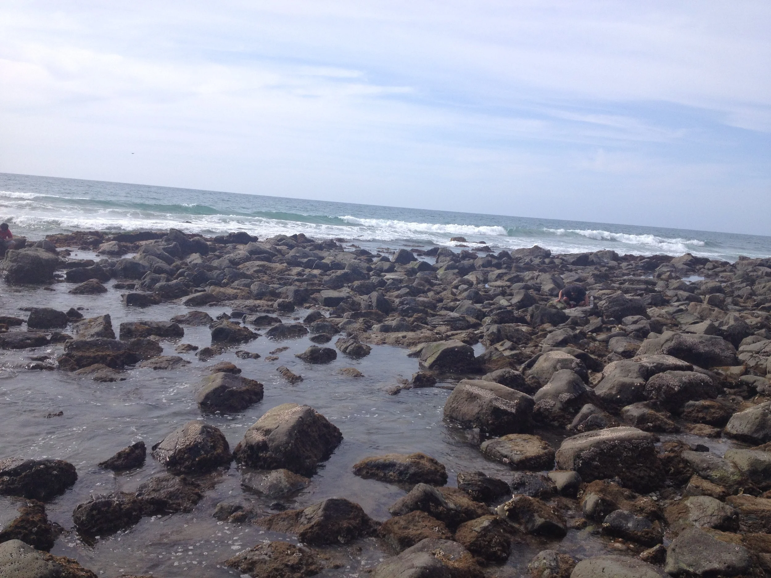 Rocky shoreline with the ocean in the background and a cloudy sky overhead.